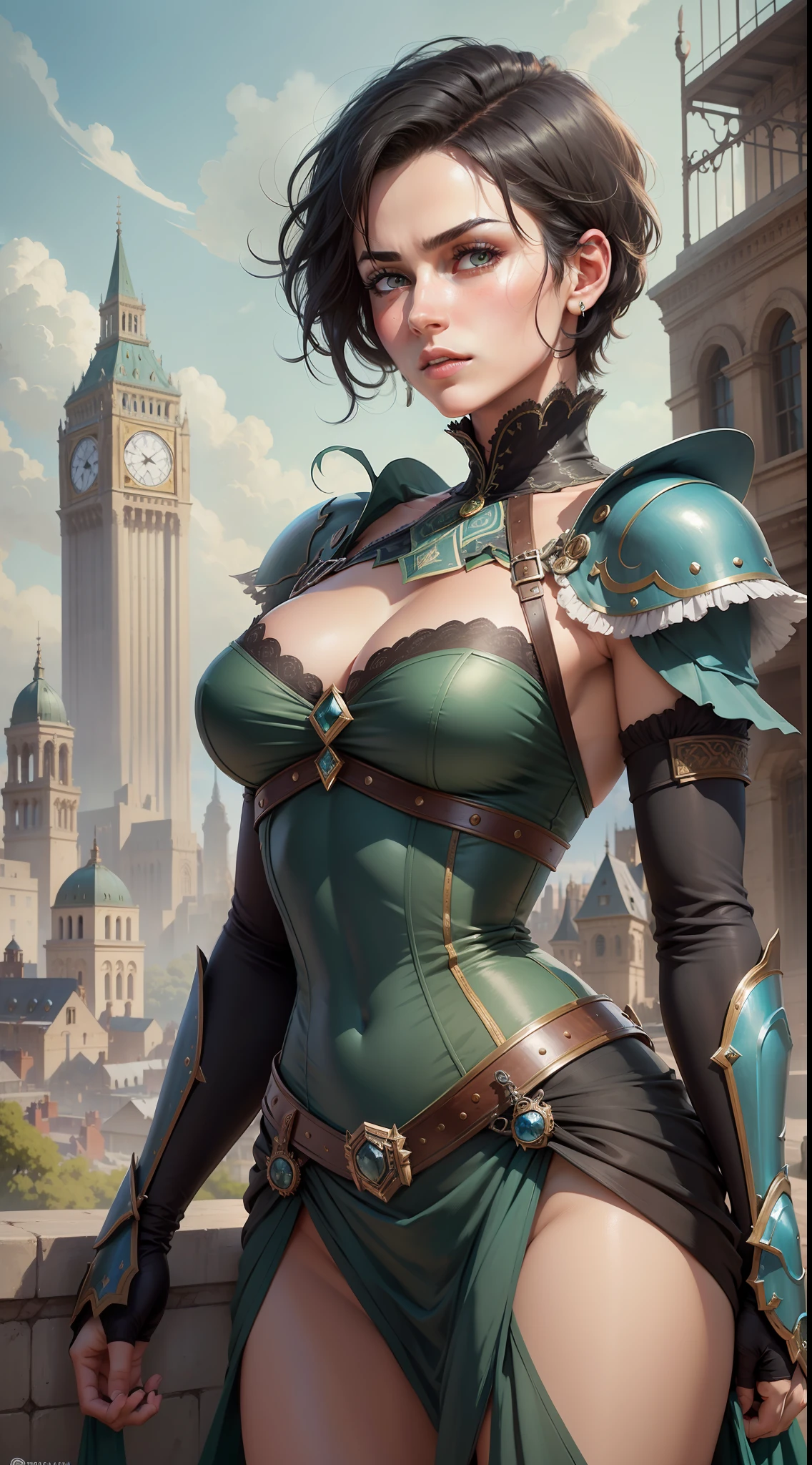 Realistic, detailed and very high quality representation of a character of a Woman, beautiful, green eyes, short black hair shaved on the side, perfect body extremely strong and defined, wearing a Victorian era armor, in the background a city and a blue sky. The drawing should show her powerful and inspiring qualities, while paying attention to her beauty and femininity.