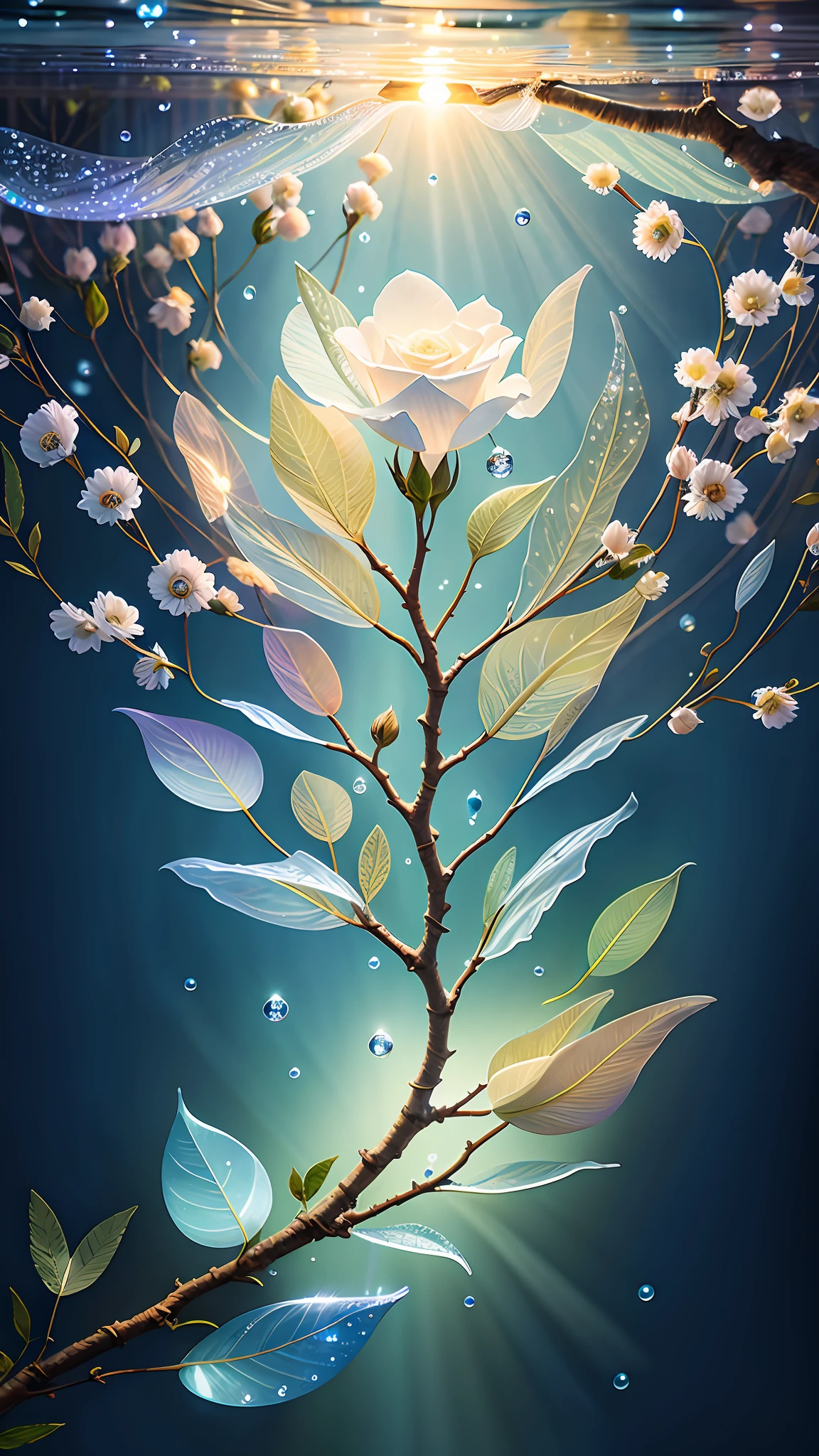 Delicate branches of roses, ultra-transparent, holy light, beautiful spectral light, petals glowing and shimmering, surrounded by light fog, transparent droplets, reflected light, bright, light flowing in, optics, portrait contours, sharp focus, magical, intricate, surreal, fantasy, composition, light, trends on artstation, pearls, water drops, patron god clouds of silver vapor, light blue leaves, corrosion enveloping ray family, 8k, ureal ar 23v4 uplight