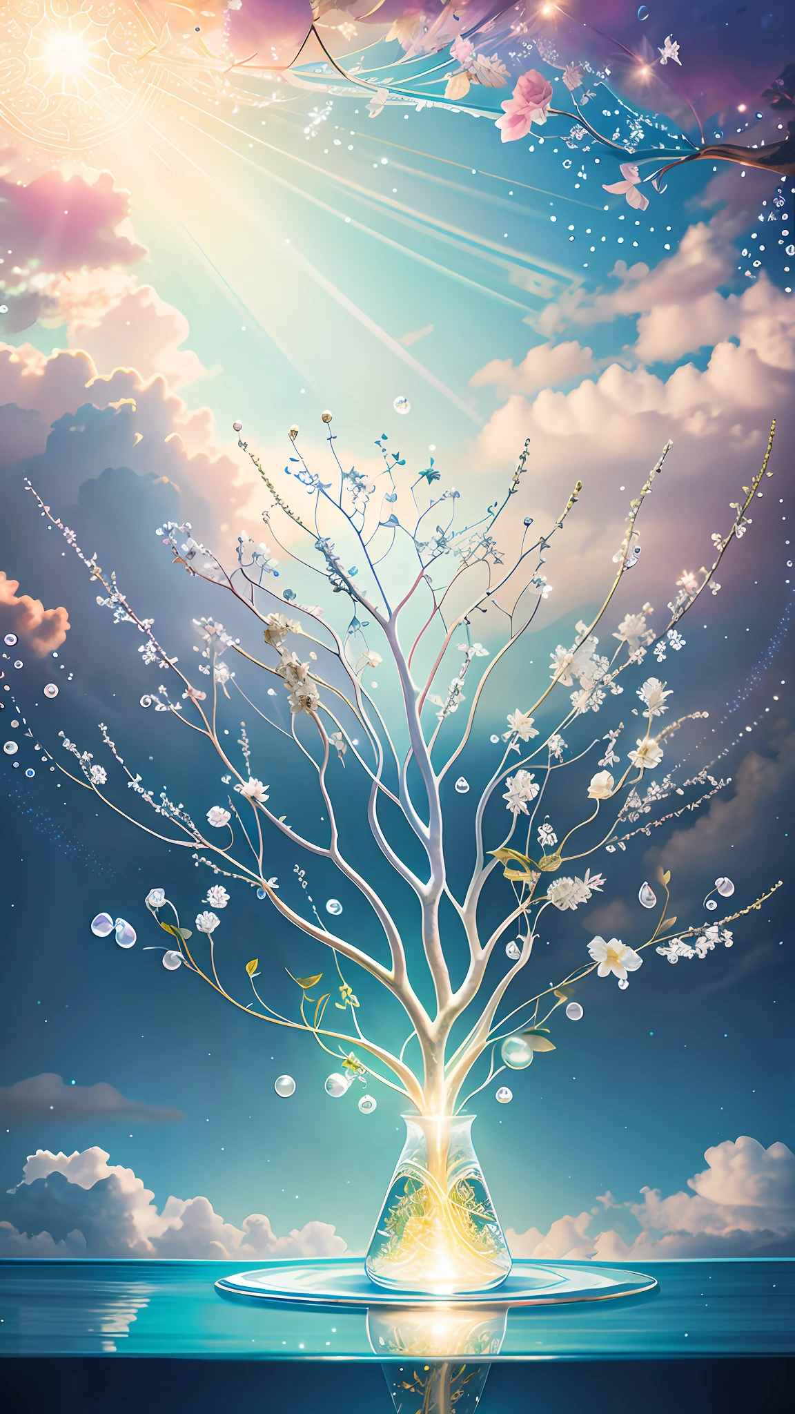 Delicate branches of roses, ultra-transparent, holy light, beautiful spectral light, petals glowing and shimmering, surrounded by light fog, transparent droplets, reflected light, bright, light flowing in, optics, portrait contours, sharp focus, magical, intricate, surreal, fantasy, composition, light, trends on artstation, pearls, water drops, patron god clouds of silver vapor, light blue leaves, corrosion enveloping ray family, 8k, ureal ar 23v4 uplight