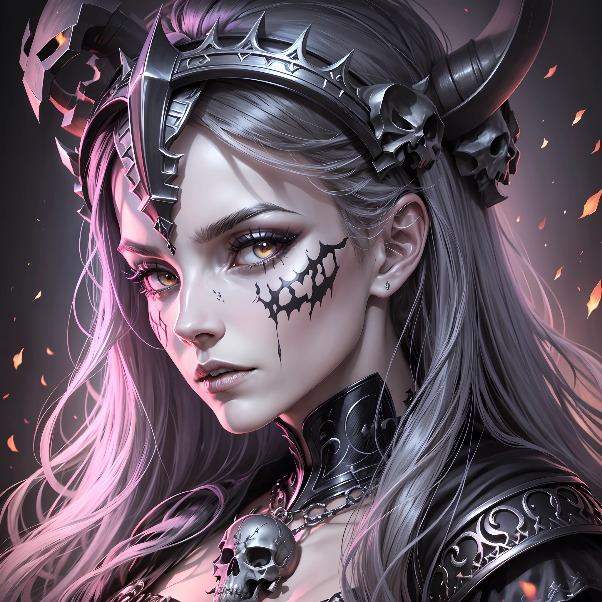 Close-up of a woman with a crown on her skull face and head, close-up portrait goddess skull, goddess of death, beautiful male god of death, holy skull queen, detailed matte fantasy portrait, anime skeleton portrait woman, queen of death, goddess. Extremely high detail with skull crown, queen of the dead, portrait of the god of death, skull in a circle with crown and horns, crown of skull, crown of death, crown of skull, crown of skull, beautiful male god of death, skull king, undead skull king, portrait of the god of death, fantasy skull, heavy metal art style, god of death, queen of death, close-up portrait goddess skull, holy skull queen, 8K highly detailed digital art --auto --s2