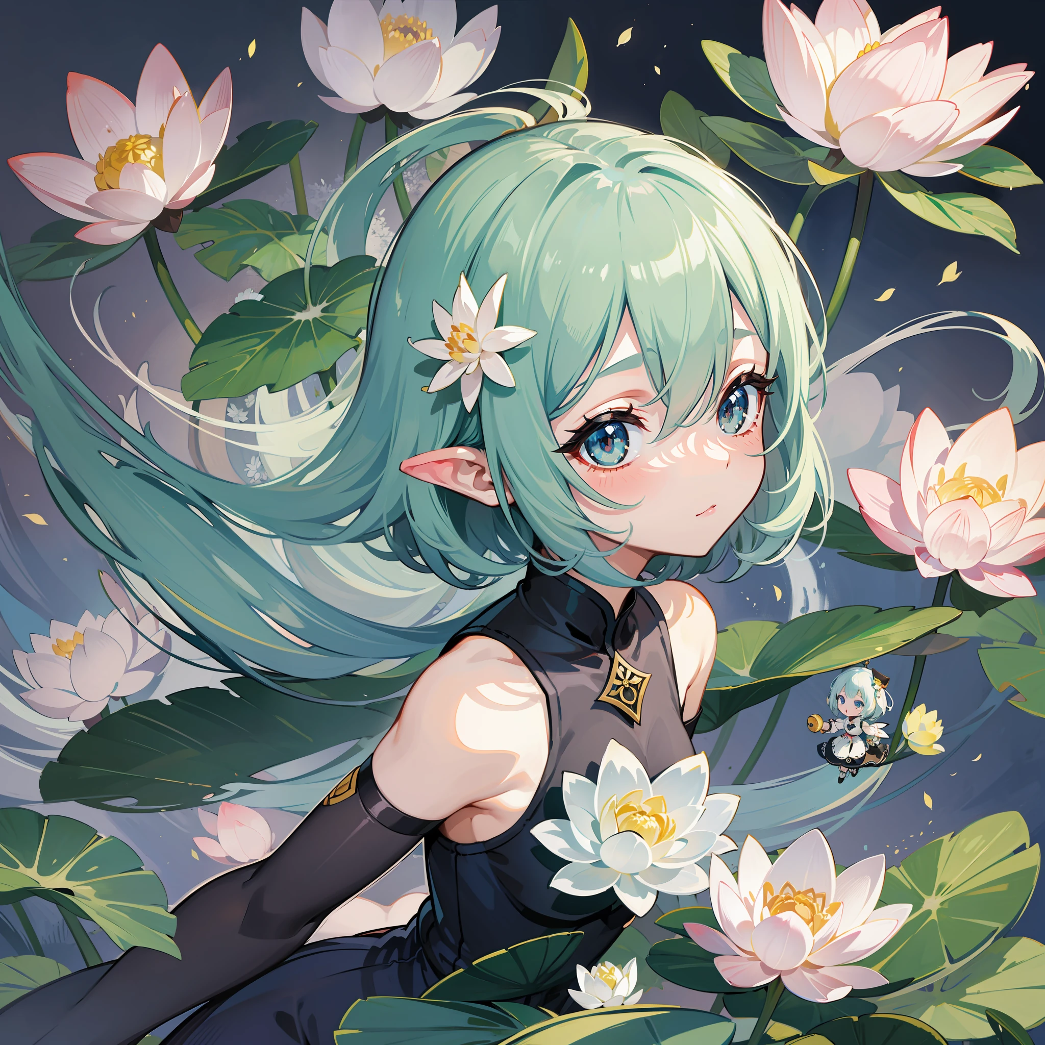 Big lotus leaf, lotus flower, ink painting style, clean color, ink style, blending, decisive cutting, white space, freehand, lotus fairy, Dunhuang flying sky, a little girl, young girl, cartoon, big-headed doll, cute, playful, ethereal, curved, feminine, masterpiece, super detailed, epic composition, high quality, highest quality, ,antique,