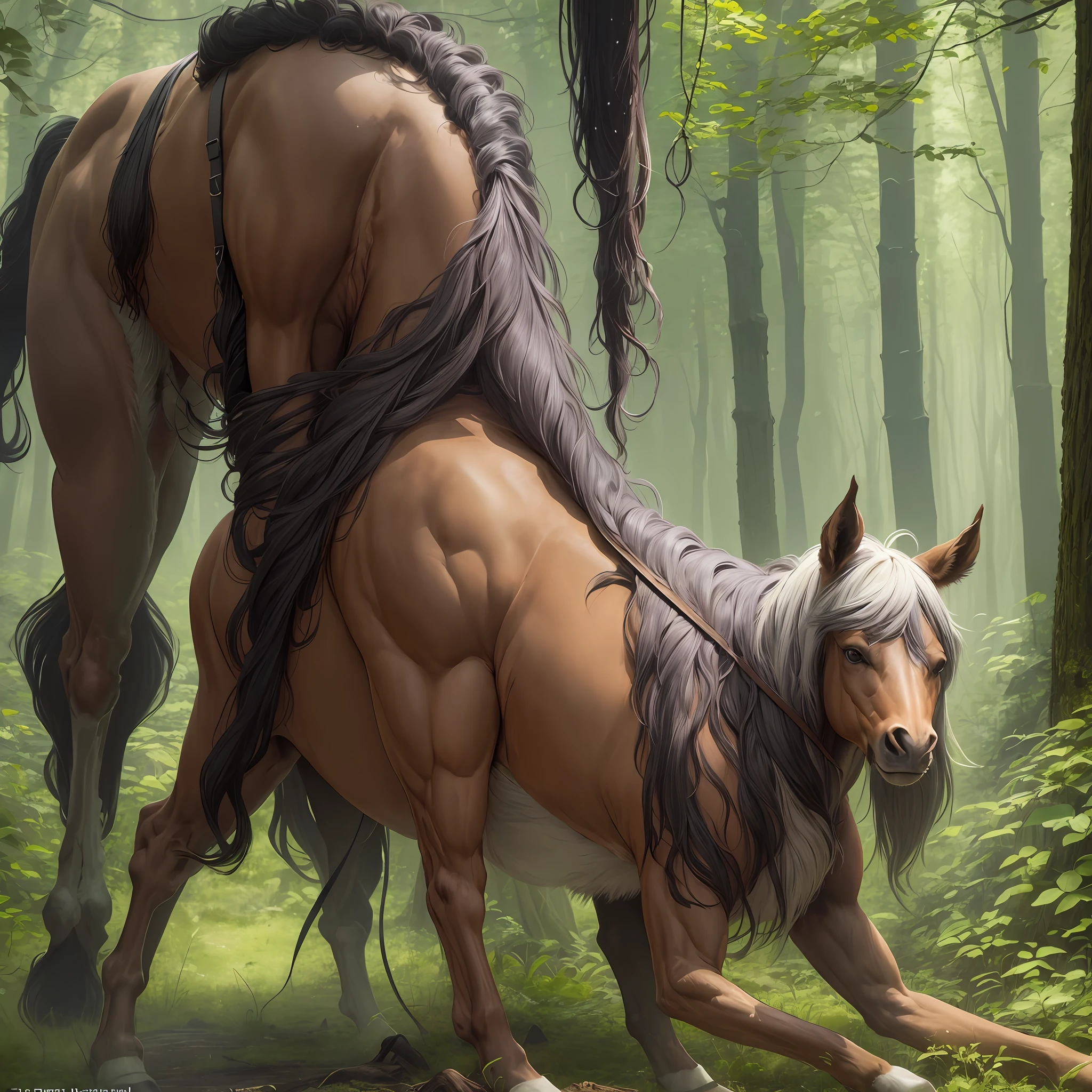 Beautiful centaur in the forest, she is an ancient species, the upper body is a human body, the lower body is the body of a horse, the position of the horse's head was replaced by the upper body of a person, all four legs are horse legs, the upper body is wearing a sexy suspender, the chest is half-covered, the armpits to the waist are hollowed, two flesh slits can be seen between the roots of the two front legs, covered by a black fluff hair, wet by rain, flowing downward, the skin from the chest down to the base of the legs is smooth, revealing the navel, and the lower body surface is full of horse fur texture --auto --s2