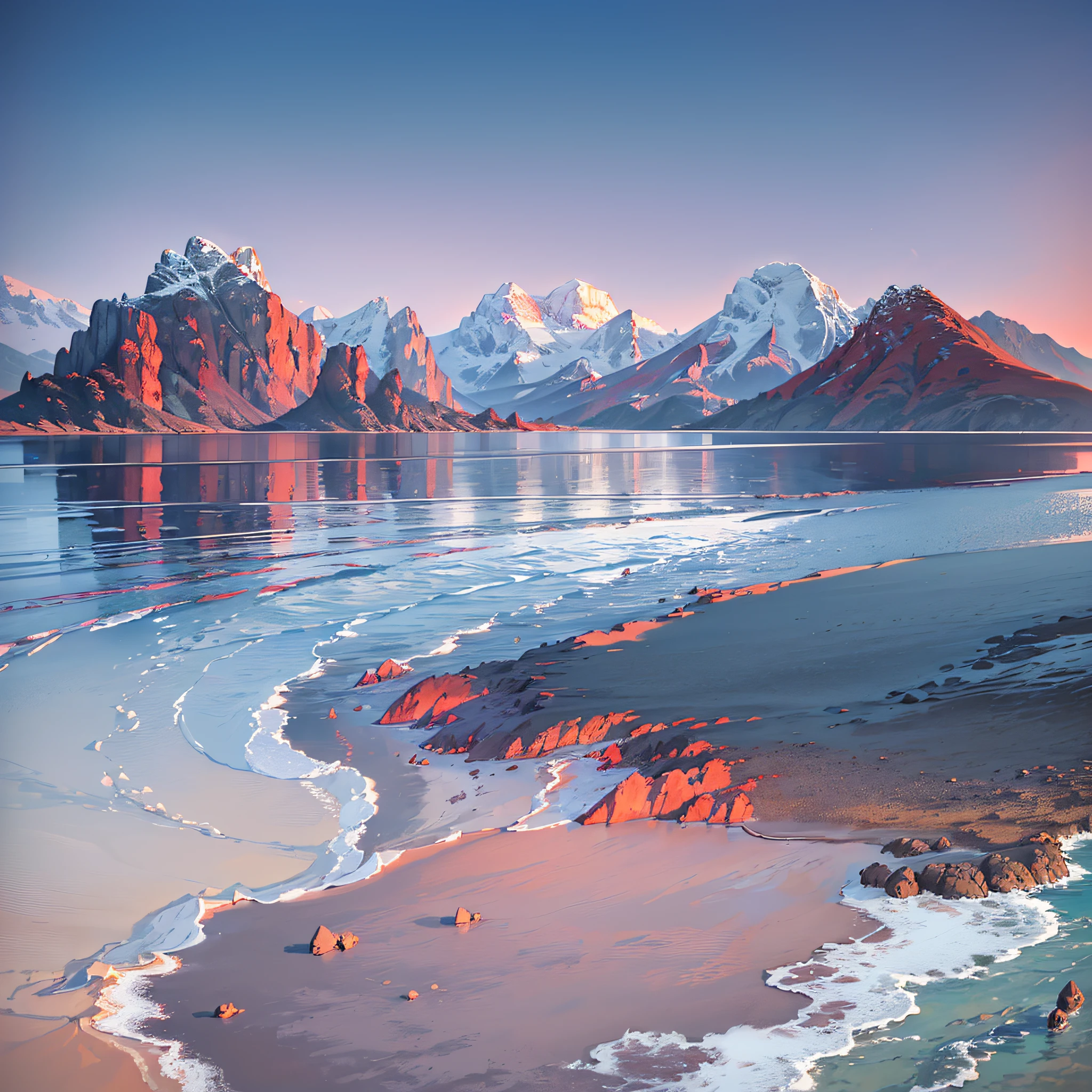 (Style: Realism + Fine Detail), (Scene: Beach), (Close-up: Crater, Black and Red Block), (Vista: Mountains dotted with Red Peaks), (Instrumentation: Silver Beach Table, Purple-red frilled parasol with silver tasseled tassels), (Lighting: Purple Sea Sunset), (Angle: Aerial view of Crater angle), (Mood: Elegant quiet and secluded), (Description: Beach sprinkled with precious gems, Mountains dotted with red peaks in the distance linger on its side, making people feel refreshed.) --auto --s2