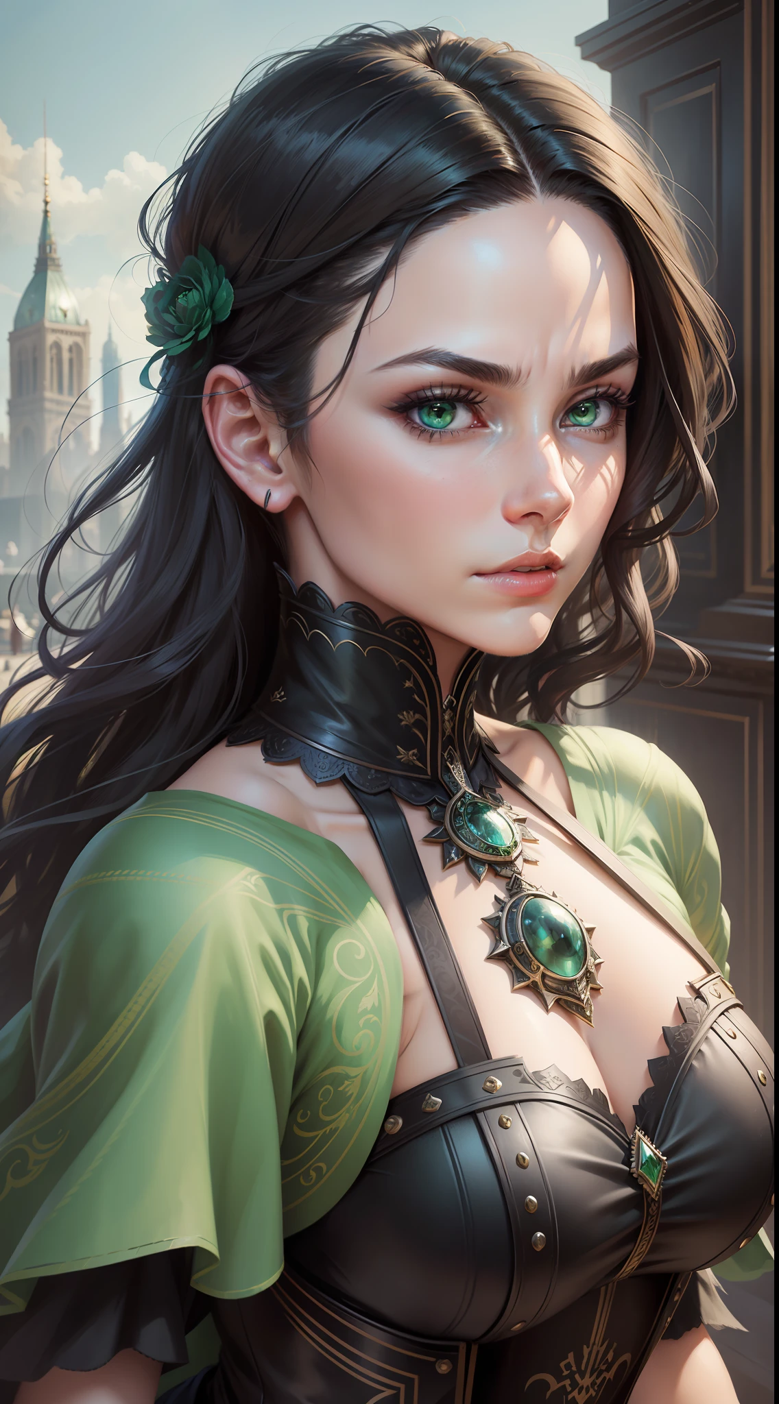 Realistic, detailed and very high quality representation of a character of a Woman, beautiful, green eyes, evil face, short black hair shaved on the side, perfect body extremely strong and defined, wearing a Victorian era armor, background a city and a blue sky. The drawing should show her powerful and inspiring qualities, while paying attention to her beauty and femininity.