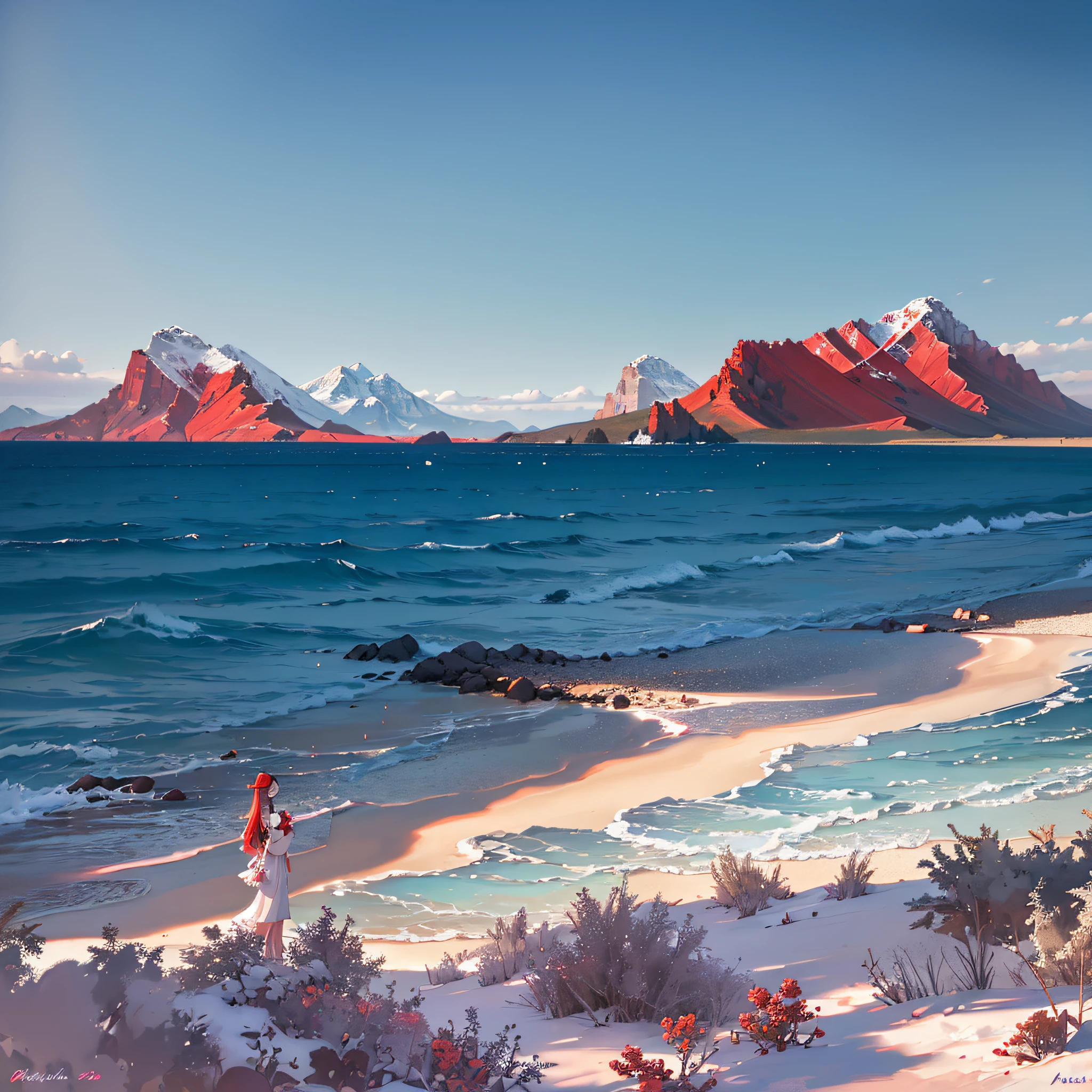 (Style: Realism + Fine Detail), (Scene: Beach), (Close-up: Crater, Black and Red Block), (Vista: Mountains dotted with Red Peaks), (Instrumentation: Silver Beach Table, Purple-red frilled parasol with silver tasseled tassels), (Lighting: Purple Sea Sunset), (Angle: Aerial view of Crater angle), (Mood: Elegant quiet and secluded), (Description: Beach sprinkled with precious gems, Mountains dotted with red peaks in the distance linger on its side, making people feel refreshed.) --auto --s2