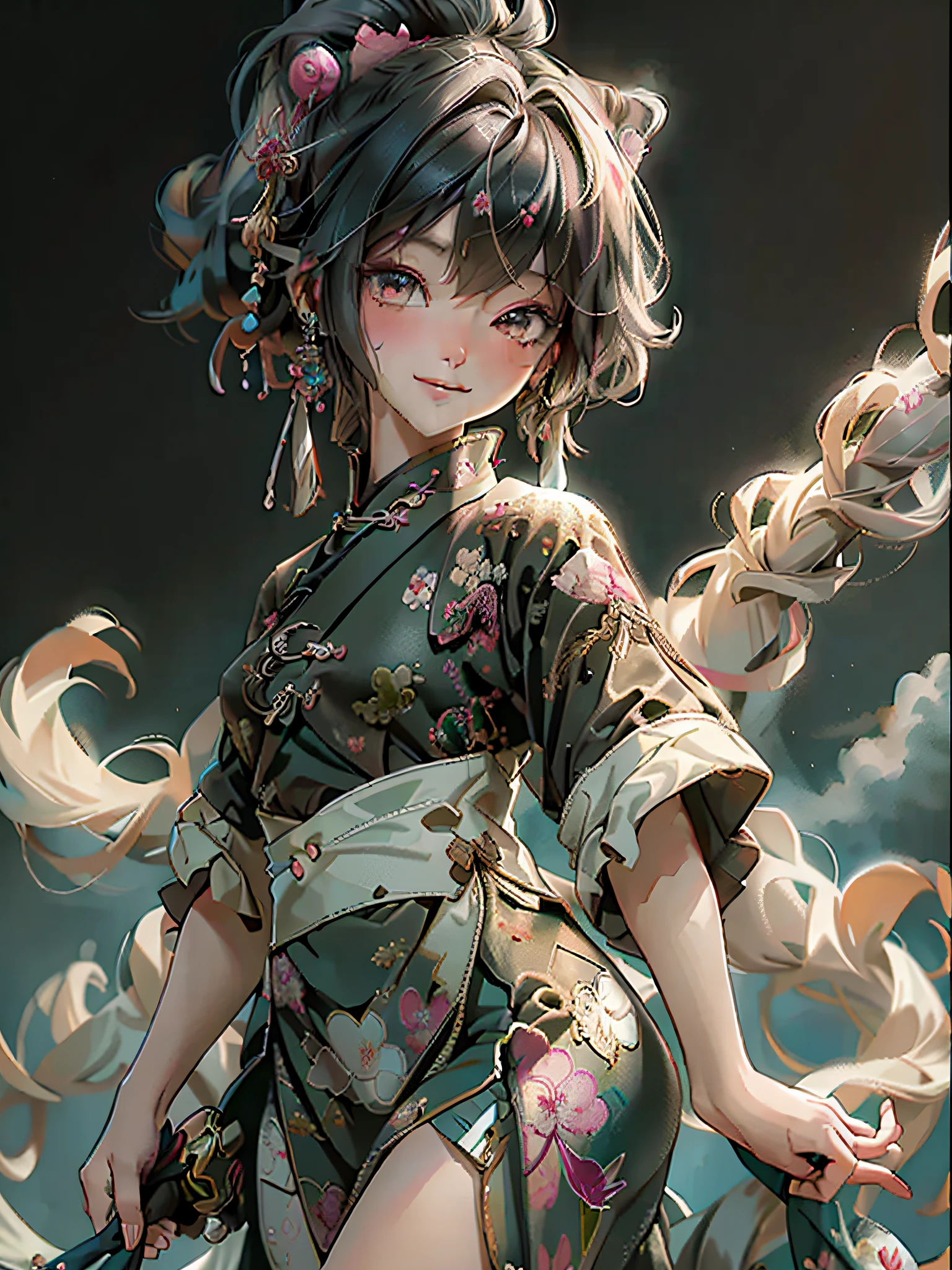 Official Art, Unified 8K Wallpapers, Ultra Detailed, Beautiful and Aesthetic, Masterpiece, Best Quality, (Zentangle, Tangle, Entangle), (fractal art: 1.4), 1girl, very detailed, dynamic angle, cowboyshot, (most beautiful form chaos), ethereal, (bright colors), oc, (full body: 0.8), china, (thangka flying sky: 1.5), (ribbon: 1.3), (dream: 1.5), (hanfu: 0.7), (smile: 0.5), (Chinese deity), upper body close-up