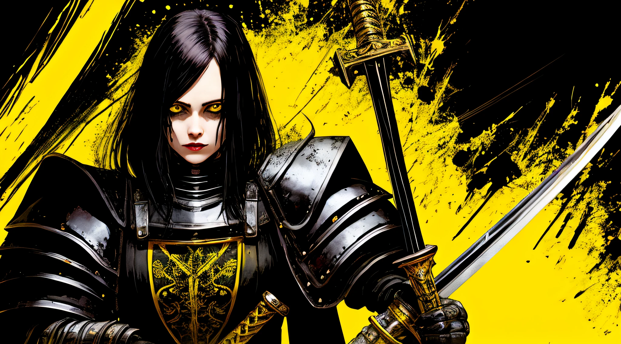 yellow and black, a medieval female black knight with a sword, in the style of Mork Borg, strong contrast, grunge dirty punk splash art, black metal zine