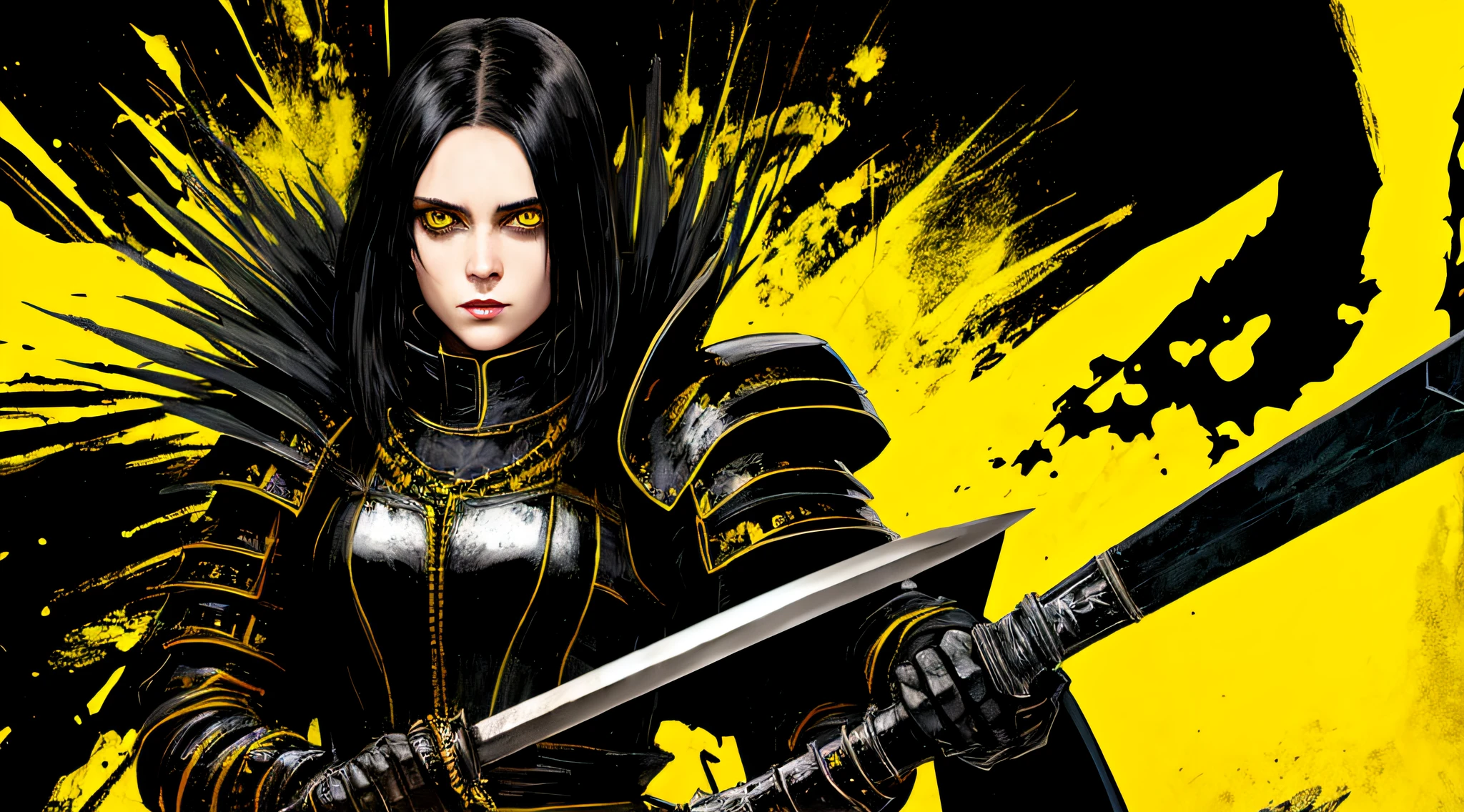 yellow and black, a medieval female black knight with a sword, in the style of Mork Borg, strong contrast, grunge dirty punk splash art, black metal zine