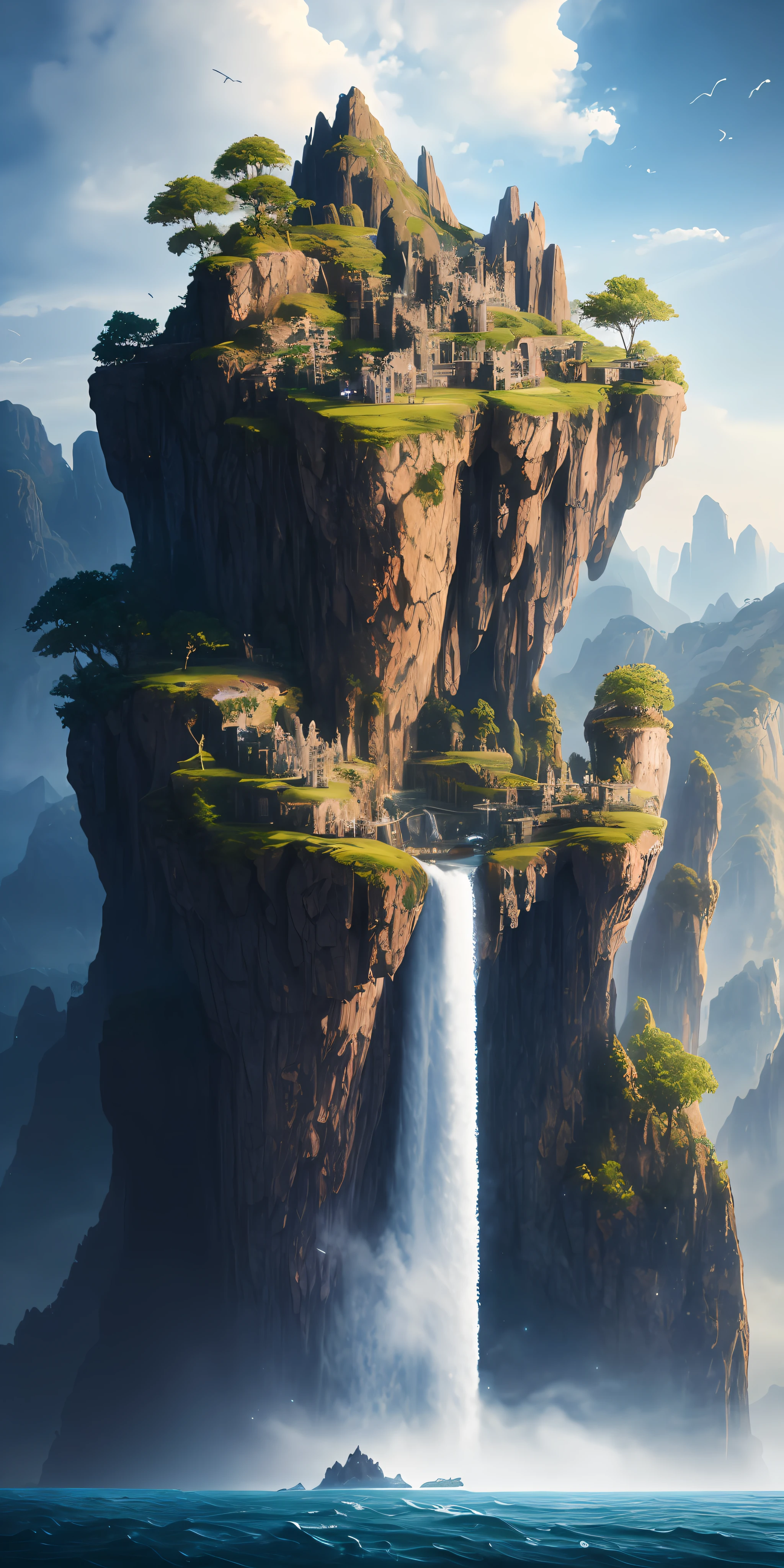 Masterpiece, best quality, high quality, extremely detailed CG unity 8k wallpaper, landscape, outdoor, sky, cloud, sky, no humans, mountain, landscape, water, tree, blue sky, waterfall, cliff, nature, lake, river , cloudy skies, award winning photography, bokeh, depth of field, HDR, bloom, chromatic aberration, photorealism, very detailed, trending on artstation, trending on CGsociety, intricate, high detail, dramatic, midjourney art