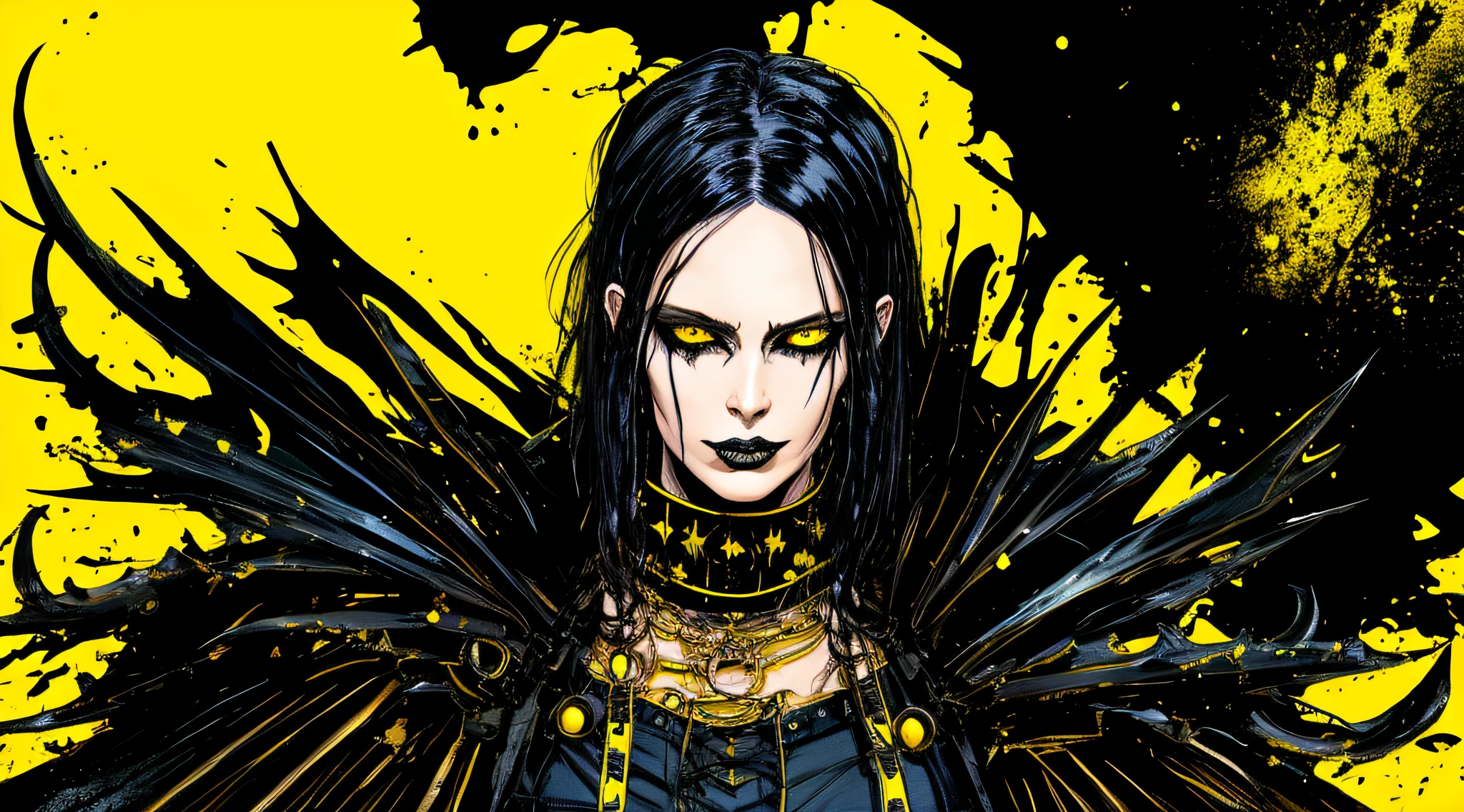yellow and black, a medieval female black witch, in the style of Mork Borg, strong contrast, grunge dirty punk splash art, black metal zine