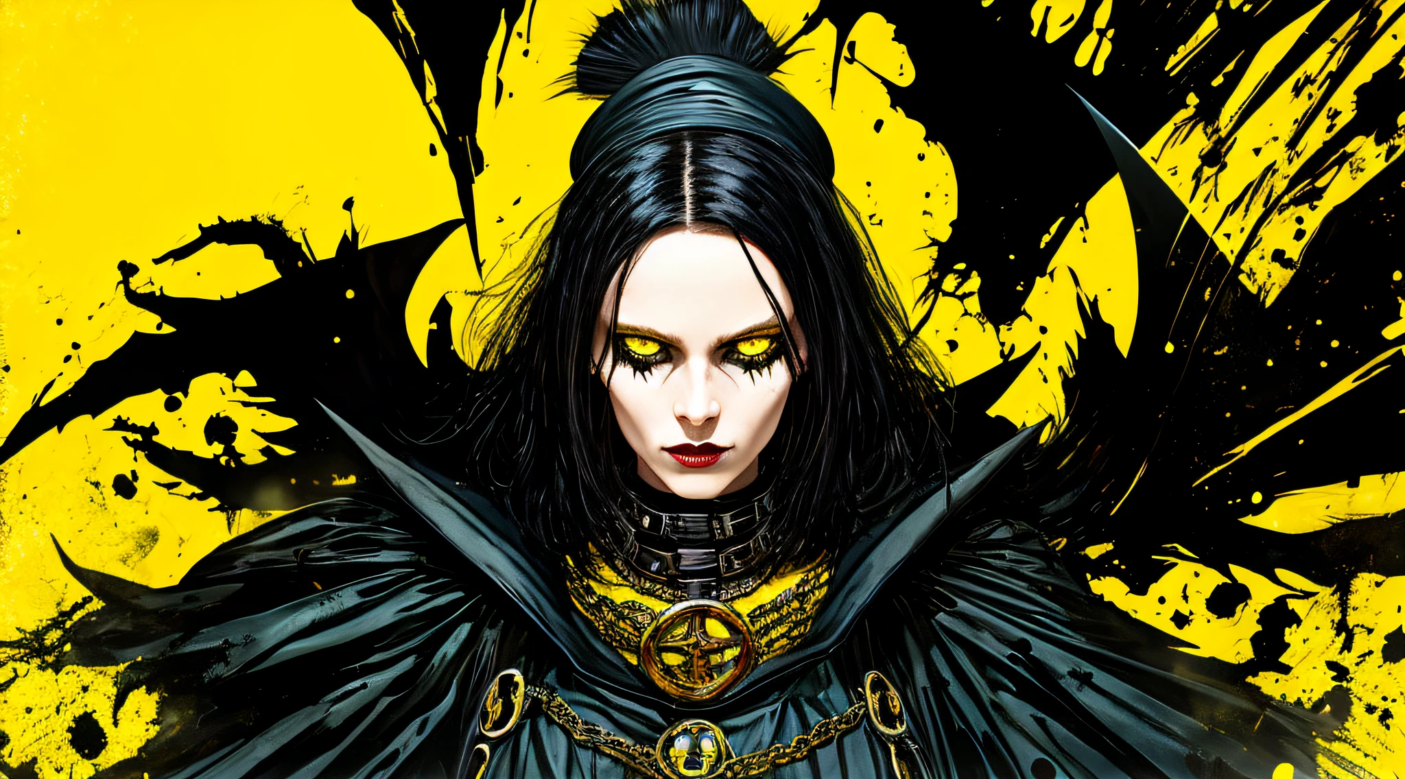 yellow and black, a medieval female black witch, in the style of Mork Borg, strong contrast, grunge dirty punk splash art, black metal zine