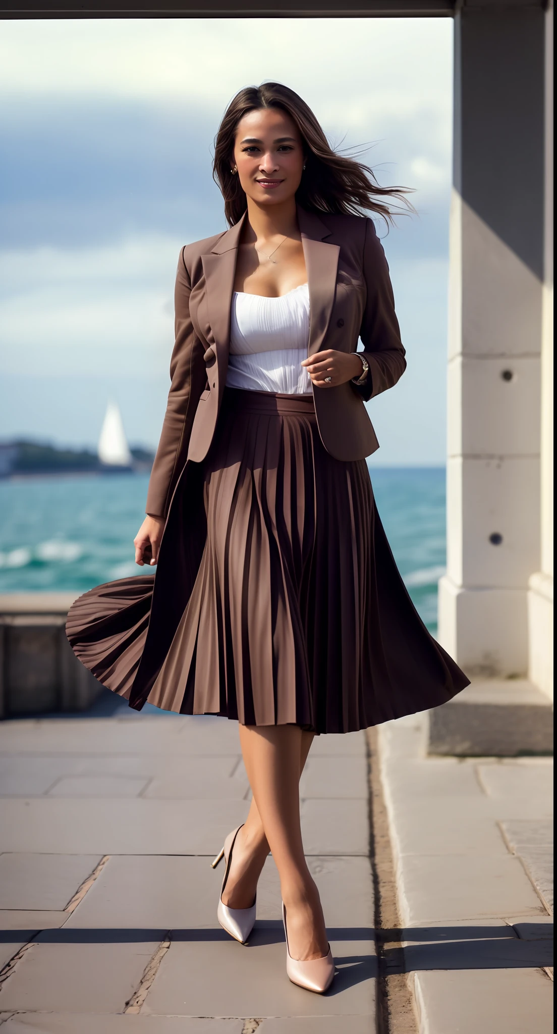 35mm f1.4 Kodak portra 400 photograph, extremely high quality RAW photograph, a therapist is comforting you (in a flirting manner:1.8) while wearing a long skirt, (shy) authentic (kind and tender) lesbian woman wearing a short blazer with a very very detailed (long (fully pleated) full circle skirt) and (simple) low heeled office shoes, very very intricate hyper-detailed symmetric (attractive graceful young feminine face) with (sad, tired) eyes and a (flirty smile:1.3), full of empathy and compassion and love, (pronounced feminine features:1,3), big boobs, large breasts, (highly detailed ultra accurate realistic) hands and fingers, ((windy conditions and wind blowing)), epic composition, highly detailed attributes, highly detailed atmosphere, detailed background, intricate, Exquisite details and textures, highly detailed,