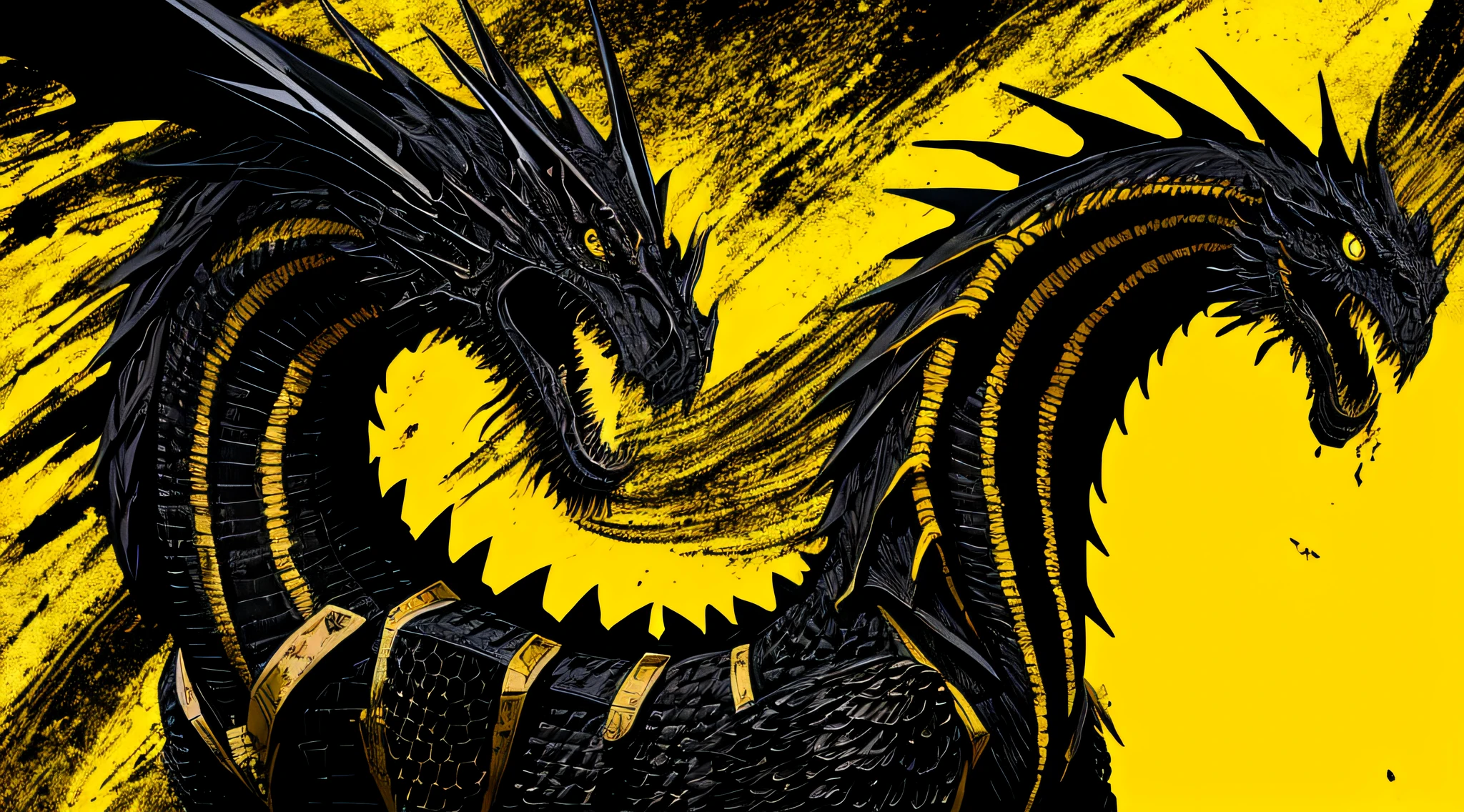 yellow and black, a medieval black dragon, in the style of Mork Borg, strong contrast, grunge dirty punk splash art, black metal zine