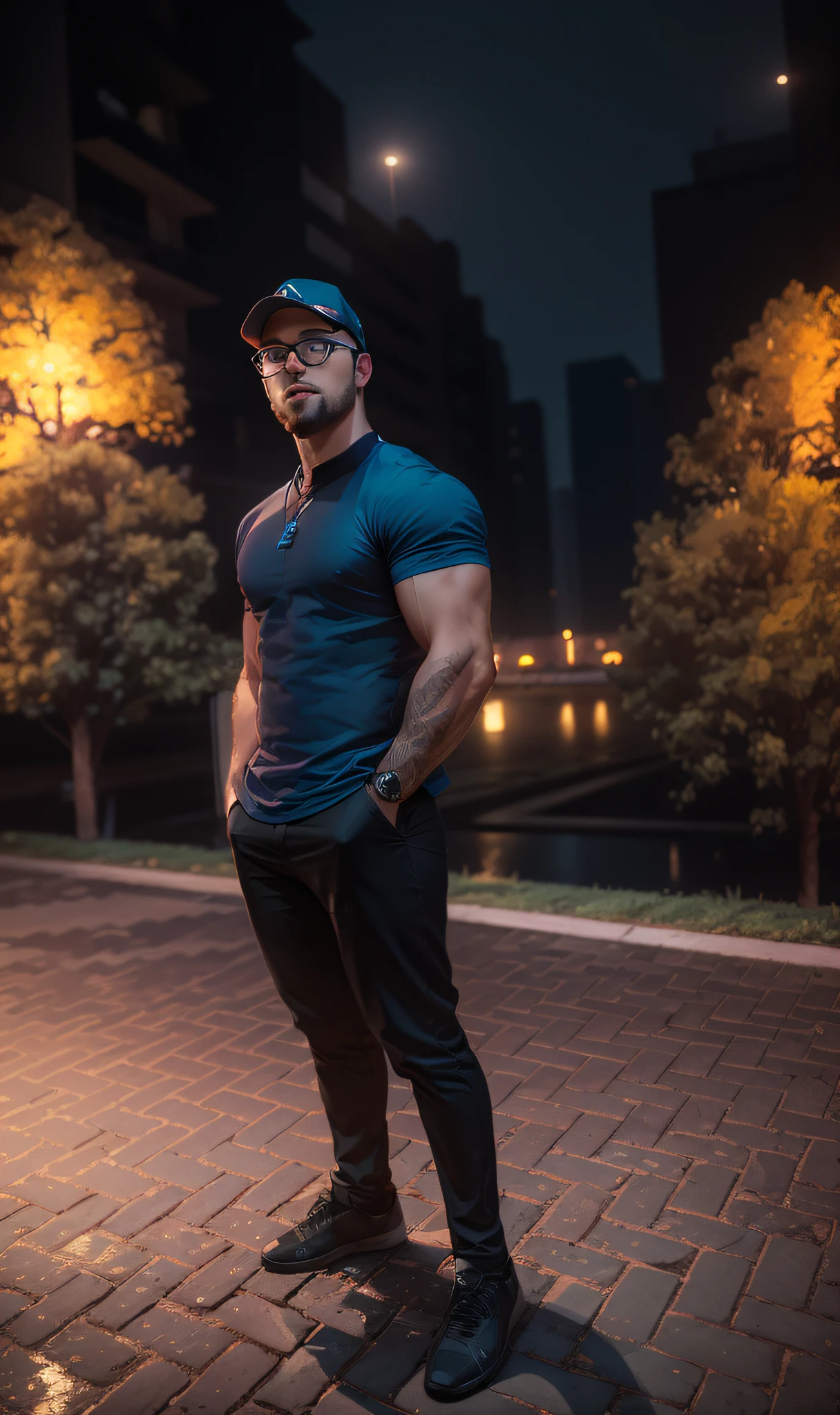 There is a man with glasses standing on a brick walkway at night, profile picture, profile picture, full body photo, Christian Cline, with a park in the background, body of Ernest Khalimov, Christian Orrillo, outdoors, full body photo centered, on a scenic background, BODDYBUILDER, PHOTO WITH CAP, PHOTO WITH NEON LIGHTING, IN ANIME STYLE, --auto --s2