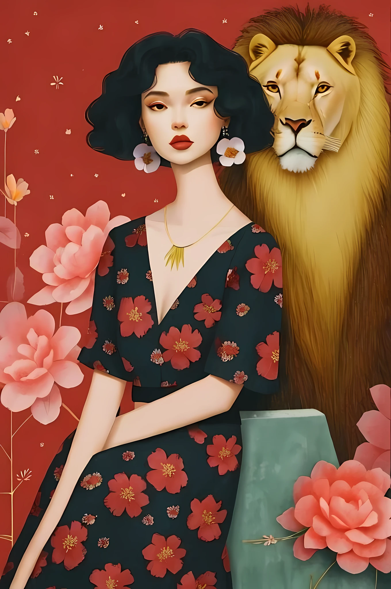 2d, nsfw, pastel color, watercolor, lineart, ankymoore, 1girl,1lion, a woman with a majestic lion, solo, short hair, simple background, black hair, dress, jewelry, upper body, flower, earrings, black eyes, black dress, makeup, floral print, lipstick, red flower, brown background, red lips, tan background,