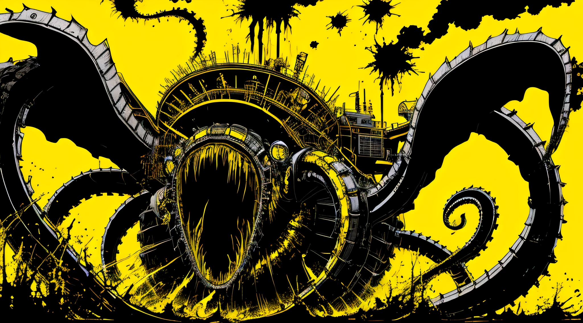 yellow and black, a giant kraken, in the style of Mork Borg, strong contrast, grunge dirty punk splash art, black metal zine