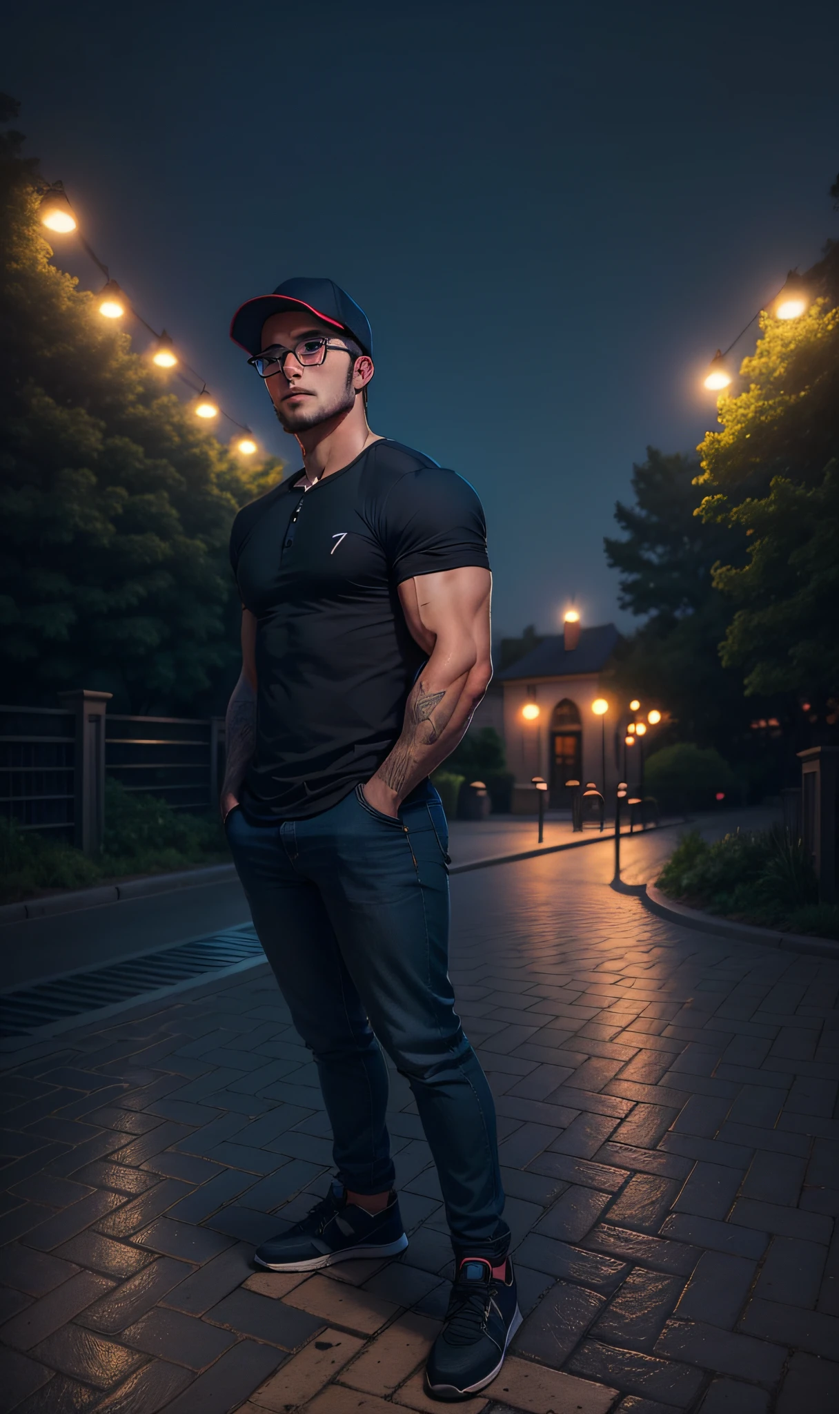 There is a man with glasses standing on a brick walkway at night, profile picture, profile picture, full body photo, Christian Cline, with a park in the background, body of Ernest Khalimov, Christian Orrillo, outdoors, full body photo centered, on a scenic background, BODDYBUILDER, PHOTO WITH CAP, PHOTO WITH NEON LIGHTING,  IN ANIME STYLE --auto --s2