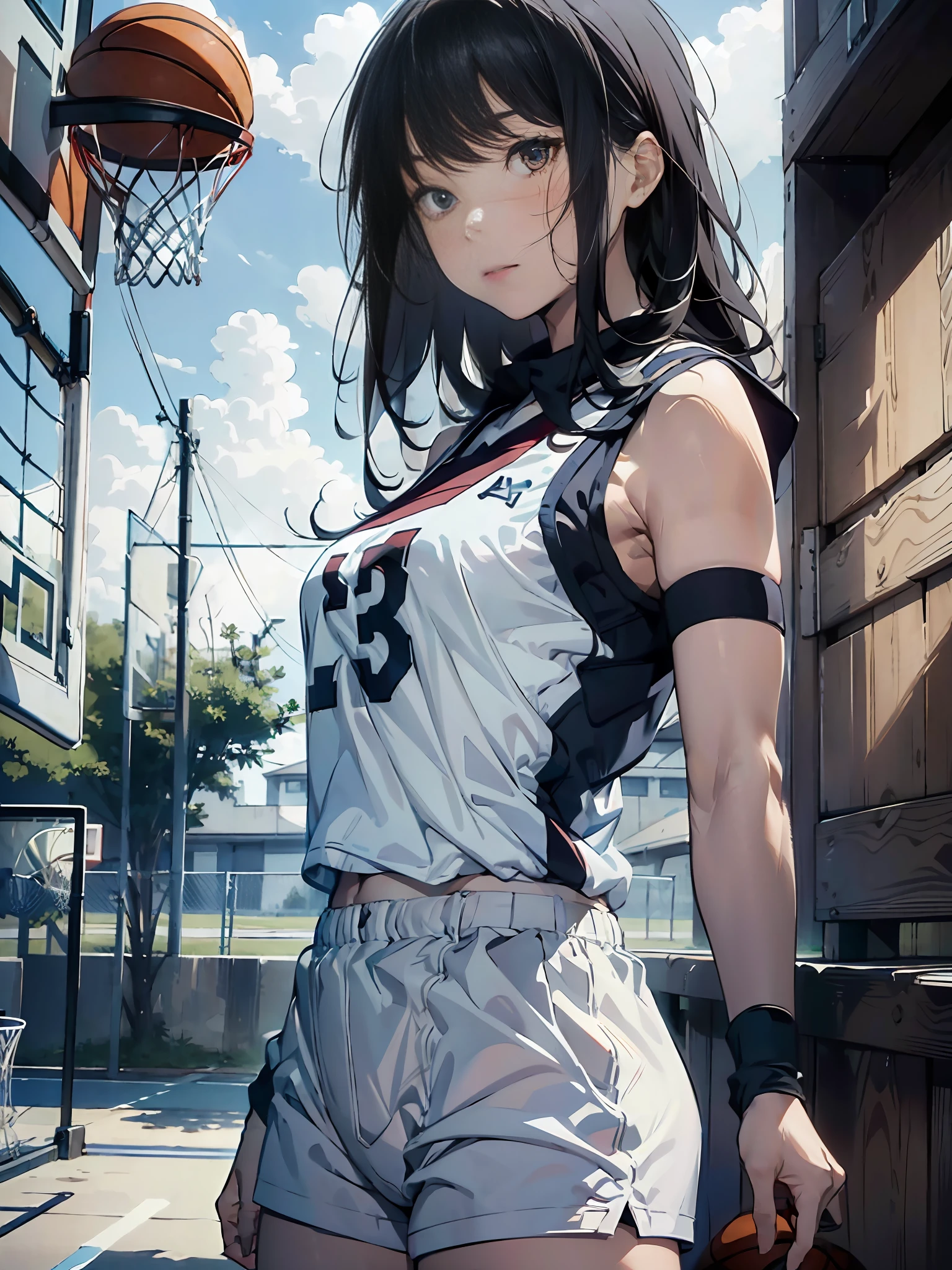 1girl, (solo:1.2), ((masterpiece)), (shadow), [slim], (small breasts), (thick lines), ((sharp focus)), focused, pale skin, ((detailed eyes)), (basketball uniform:1.3), armpits, exterior, basketball court, ring, black hair, ((long hair)), scars on face, (sweat), wristbands, shorts, bare arms