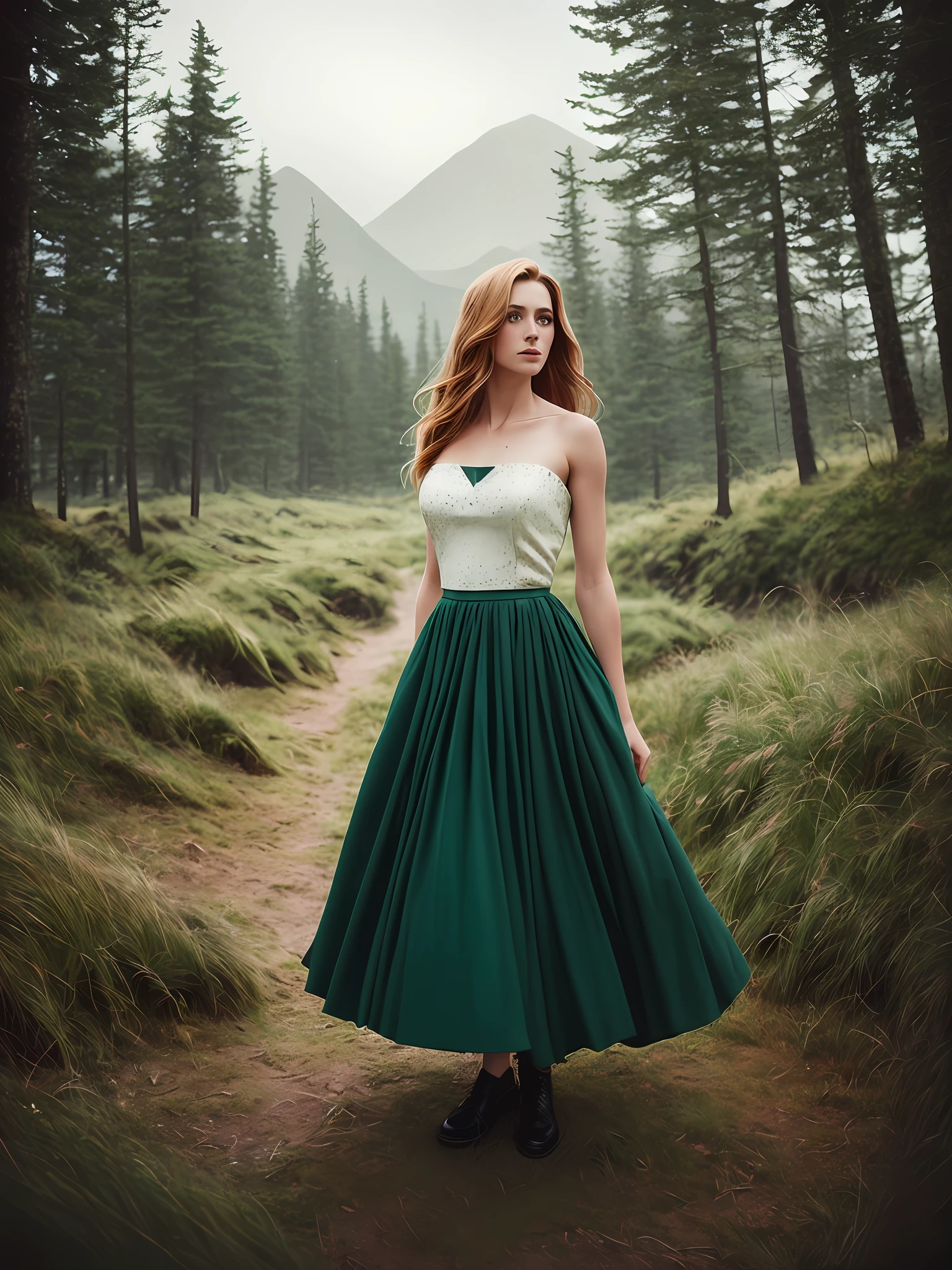 deep shadow, sinister, award winning photo, best quality, masterpiece, upper body, woman, freckled face, windblown blonde hair, emerald eyes, modern strapless dress  by Jeremy Lipking, by Antonio J. Manzanedo, by lee jeffries nikon d850 film stock photograph 4 kodak portra 400 camera f1.6 lens rich colors hyper realistic lifelike texture dramatic lighting unreal engine trending on artstation cinestill 800, fisheye lens, Style-Kilt, windy beach, scottish loch, forest
