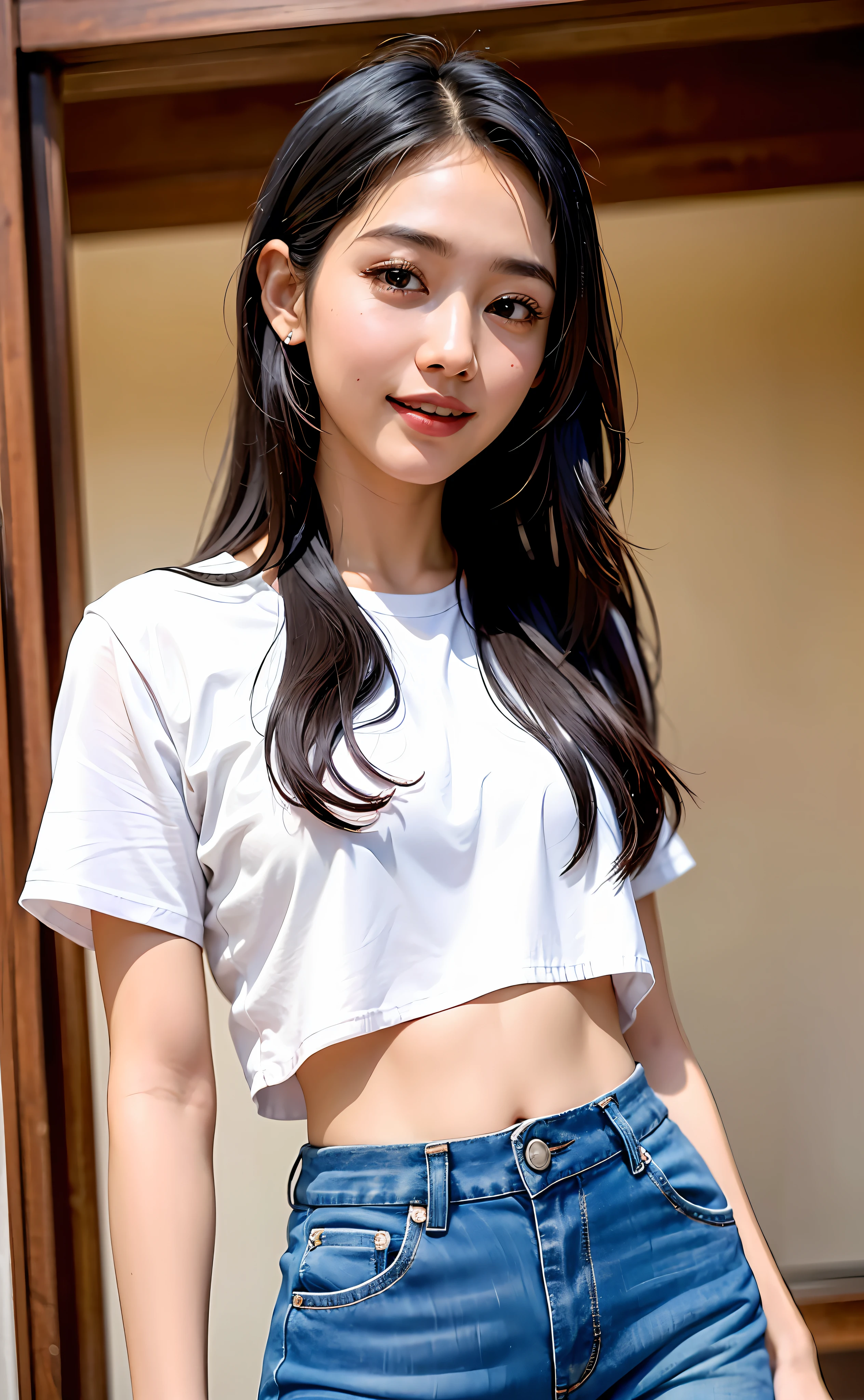 1girl, she wearing white shirt and jean pants, crop top, wearing red nike shoes, 22 years old, beautiful smile face, adult face, 4k style, realistic, crowded, pink long hair((In Yangon))