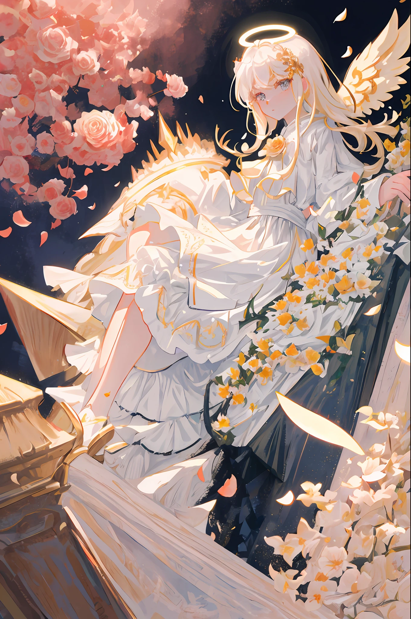 Masterpiece, Superb Piece, Ultra Meticulous, Illustration, Close-up, Direct Vision, Facial Focus, 1girl, White Hair, Blonde Eyes, Long Hair, Halo, Angel Wings, Calm Expression, Looking at the Audience, (Noelle: 1.4), Rose Petals, Maid