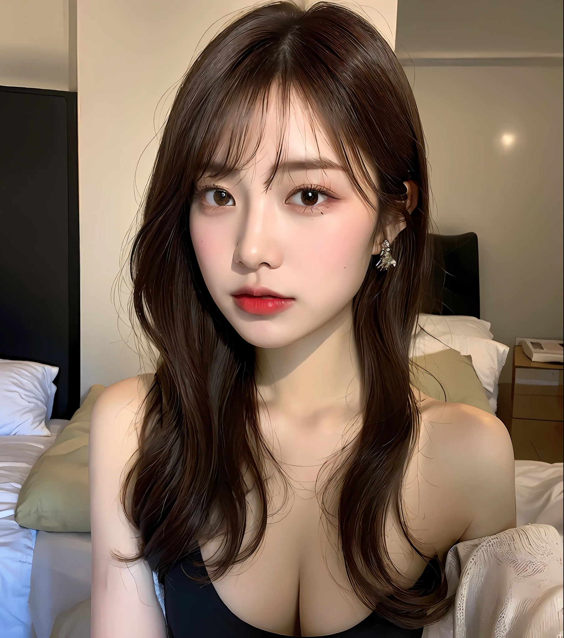 ((Best quality, 8k, Masterpiece :1.3)), Sharp focus :1.2, A pretty woman with perfect figure :1.4, Slender abs :1.2, ((Dark brown hair, Big breasts :1.2)), (Natural light, bedroom), Highly detailed face and skin texture, Detailed eyes, Double eyelid,
short torso, {{{very long legs}}}, {{{very thin waist}}}, {{{very small hip}}}, {{{{{very big gathered breasts}}}}},
{{{distinct clavicle}}},
{{{white skin}}}, {{{light brown hair}}},
{{{{{small head}}}}},{{{{{{25 years old}}}}}}, {{{{waist shot}}}}, {{{emotionless face}}}, {{{looking at the viewer}}}, {{{{{chest height perspective}}}}},{{{{{bikini}}}}}