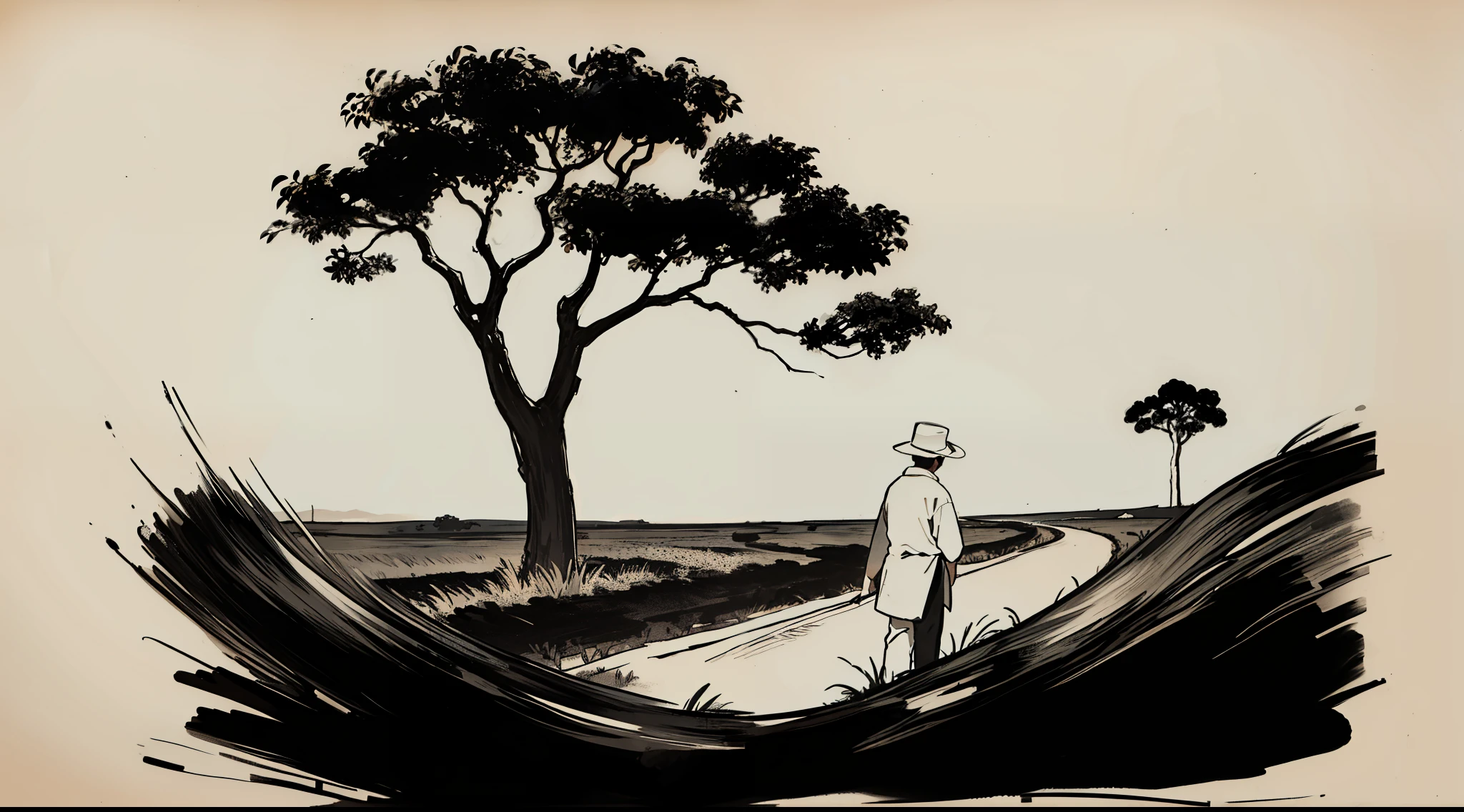 man working in the field, plantation, simple strokes, minimalist, Drawing of an abstract landscape in oriental style ink painting as practiced in Japanese art