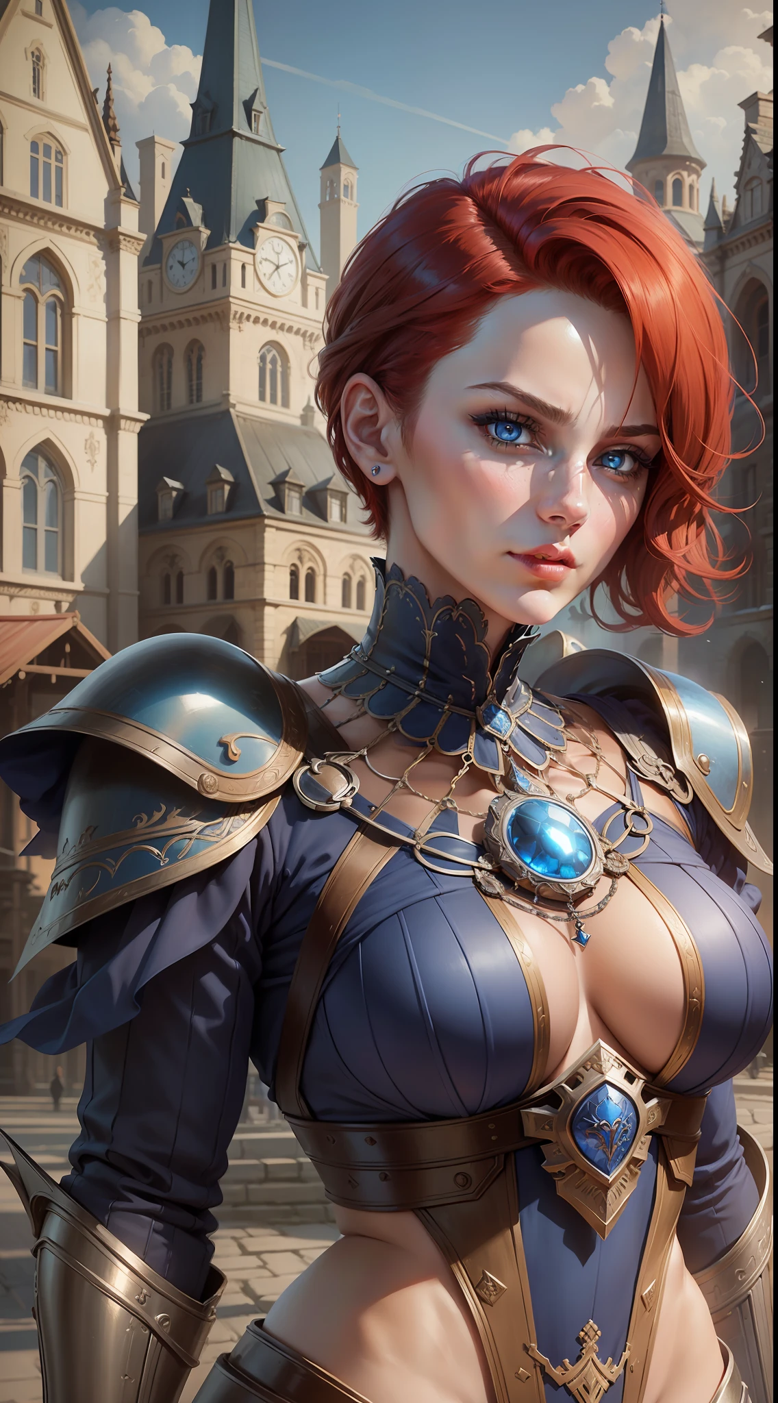 Realistic, detailed and very high quality representation of a character of a Woman, beautiful, blue eyes, evil face, short red hair shaved on the side, perfect body extremely strong and defined, wearing a Victorian era armor, background a city and a blue sky. The drawing should show her powerful and inspiring qualities, while paying attention to her beauty and femininity.
