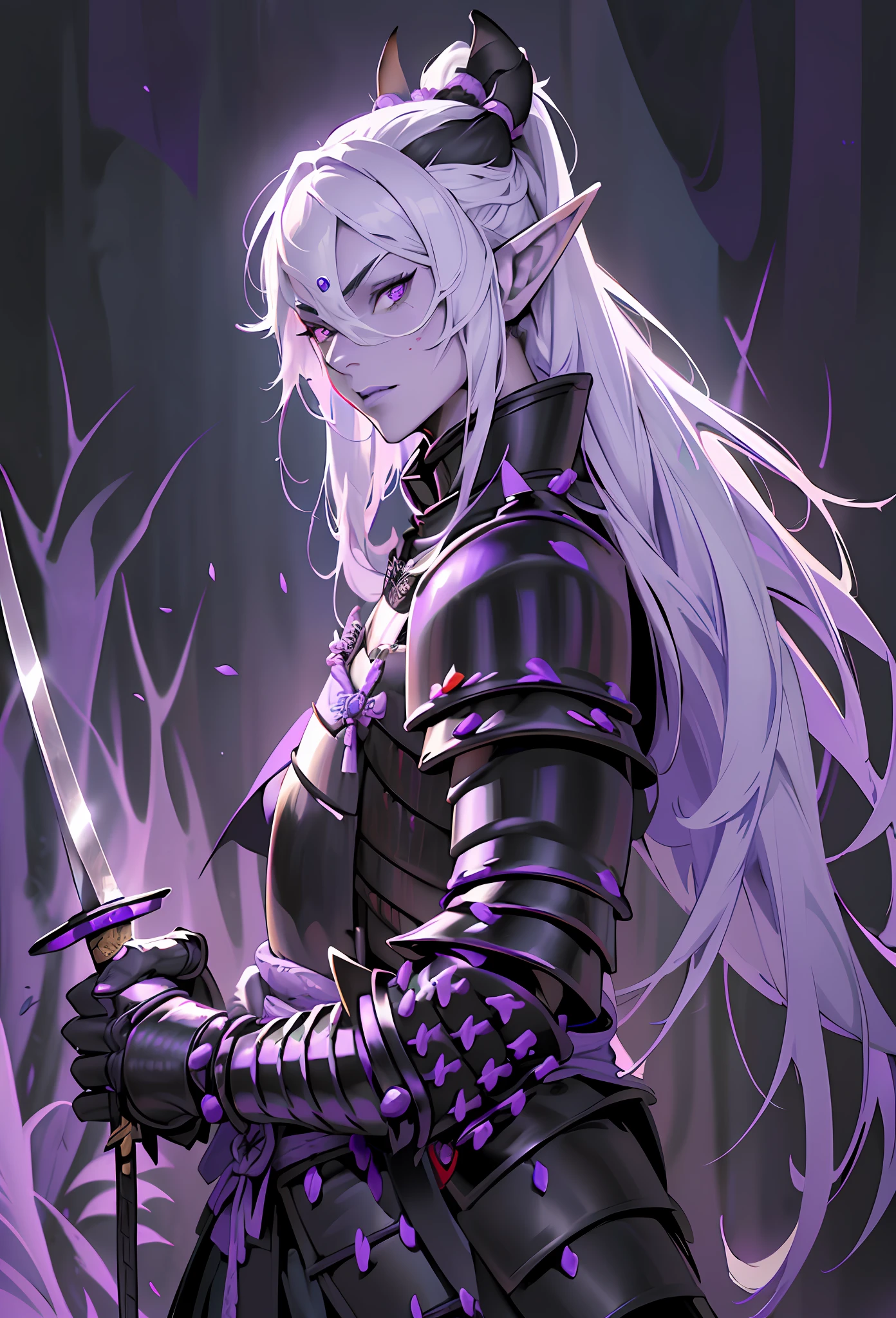 (extremely detailed 8k wallpaper:1.2), (best quality:1.2), (adventure and fantasy theme), profile (Dungeons & Dragons RPG character), ((((black elf race woman)))), (((drow))), (((asiatica))), young, beautiful, sexy, sharp focus, (subsurface scattering:1.1), award-winning photograph, ((Antipaladine Class:1.3)), ((half-body shot:1.1)), centered face, very long white hair, freckles on the face, white skin, pale skin, oriental painting of geisha on face, bright lilac eyes:1.2, malicious expression, villainous, evil, (((((black and purple samurai armor))))), holding samurai sword in hand, sword with black energy, (standing inside black forest:1.3), (very detailed background:1.2), dramatic lighting, sfw