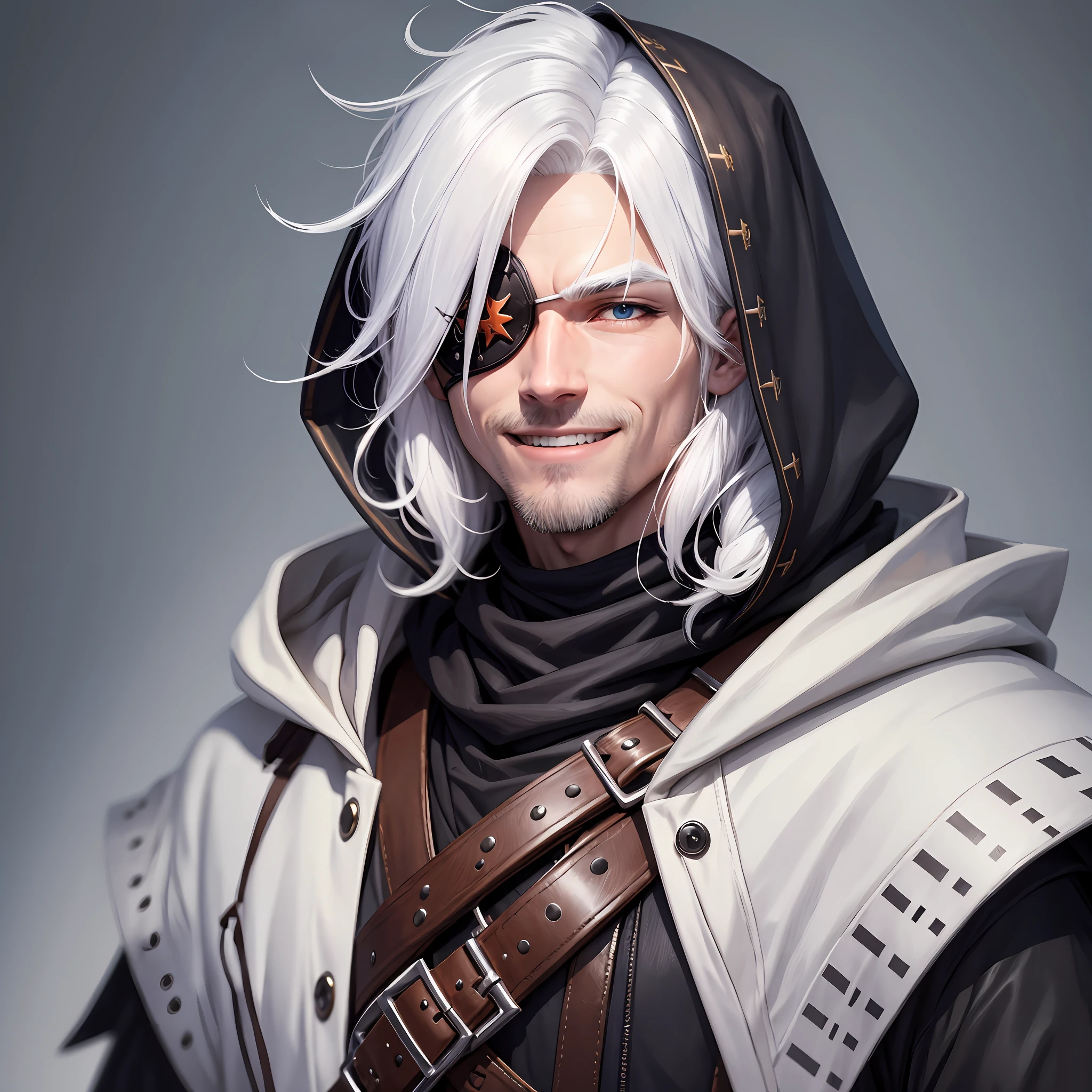 white hair character men smiling with hood, eyepatch, 8k, --auto --s2