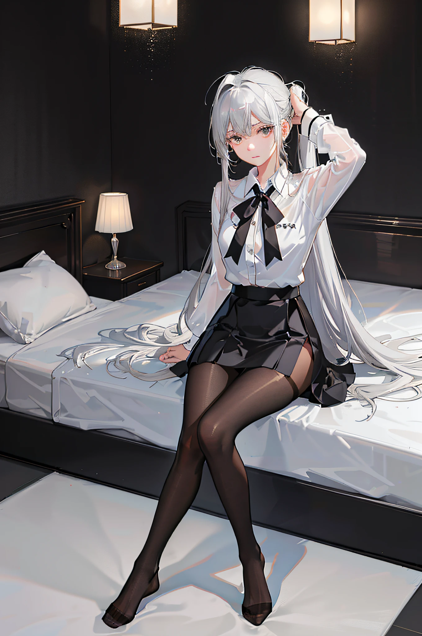 (((1 girl)),ray tracing,(dim lighting),[detailed background (bedroom)),((silver hair)),((silver hair)),(Fluffy silver hair, plump and slender girl))) with high ponytail))) Avoid golden eyes in the ominous bedroom ((((Girl wears a white shirt, black wrinkled skirt with black transparent pantyhose), showing a delicate slim figure and graceful curves, correct limbs, sitting on the bed with hands behind her head, Put both hands behind your head