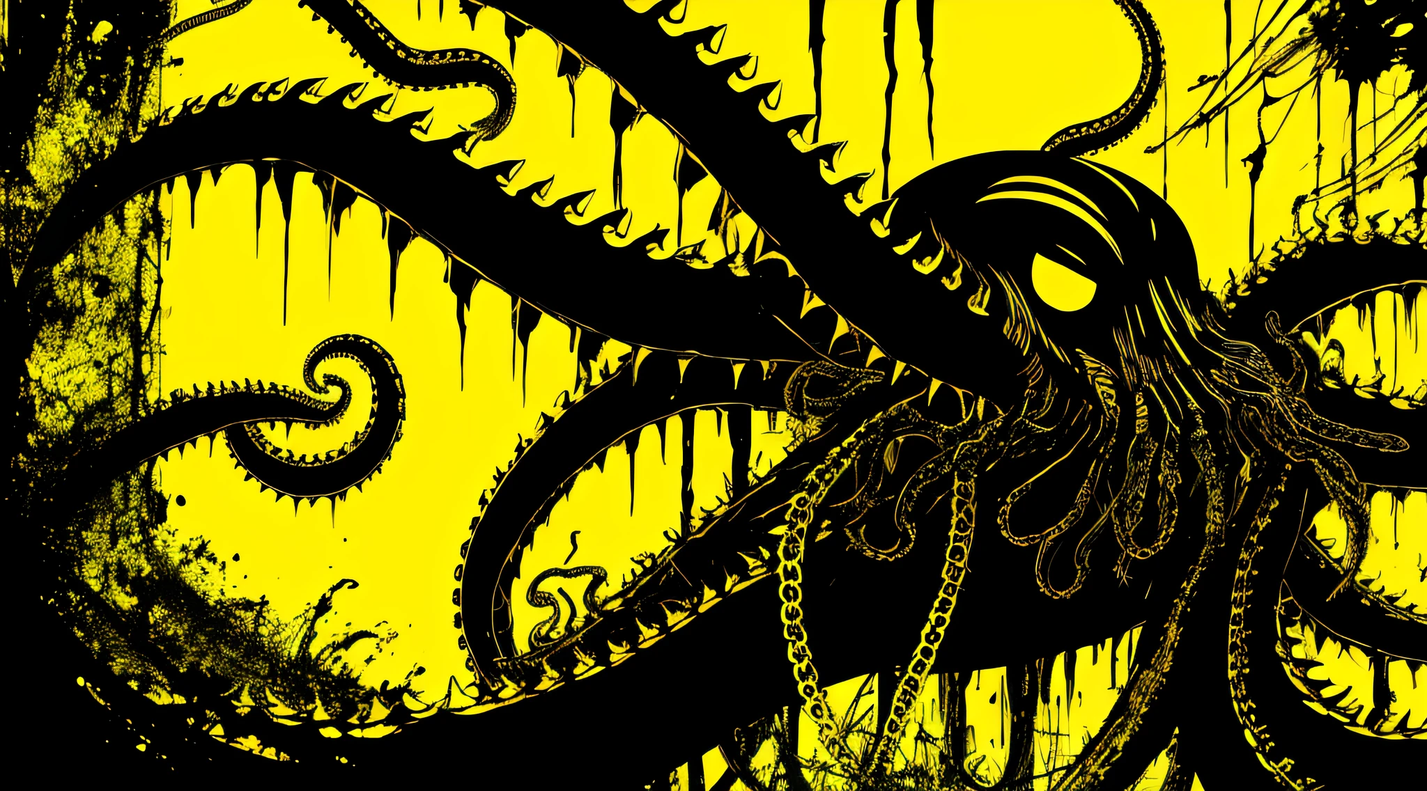 yellow and black, a giant monstrous octopus, in the style of Mork Borg, strong contrast, grunge dirty punk splash art, black metal zine