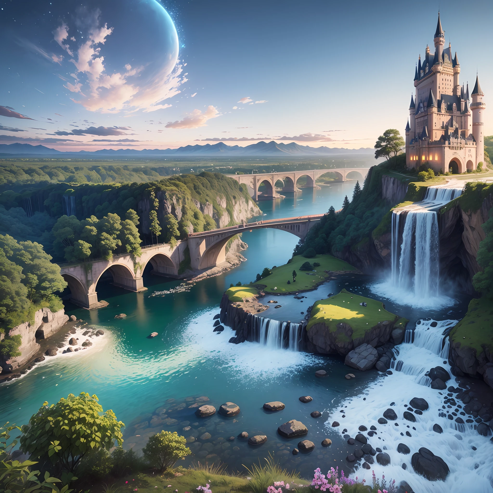Natural landscape, castle as background, high waterfall as background, bridges, beautiful lights, light --auto --s2
