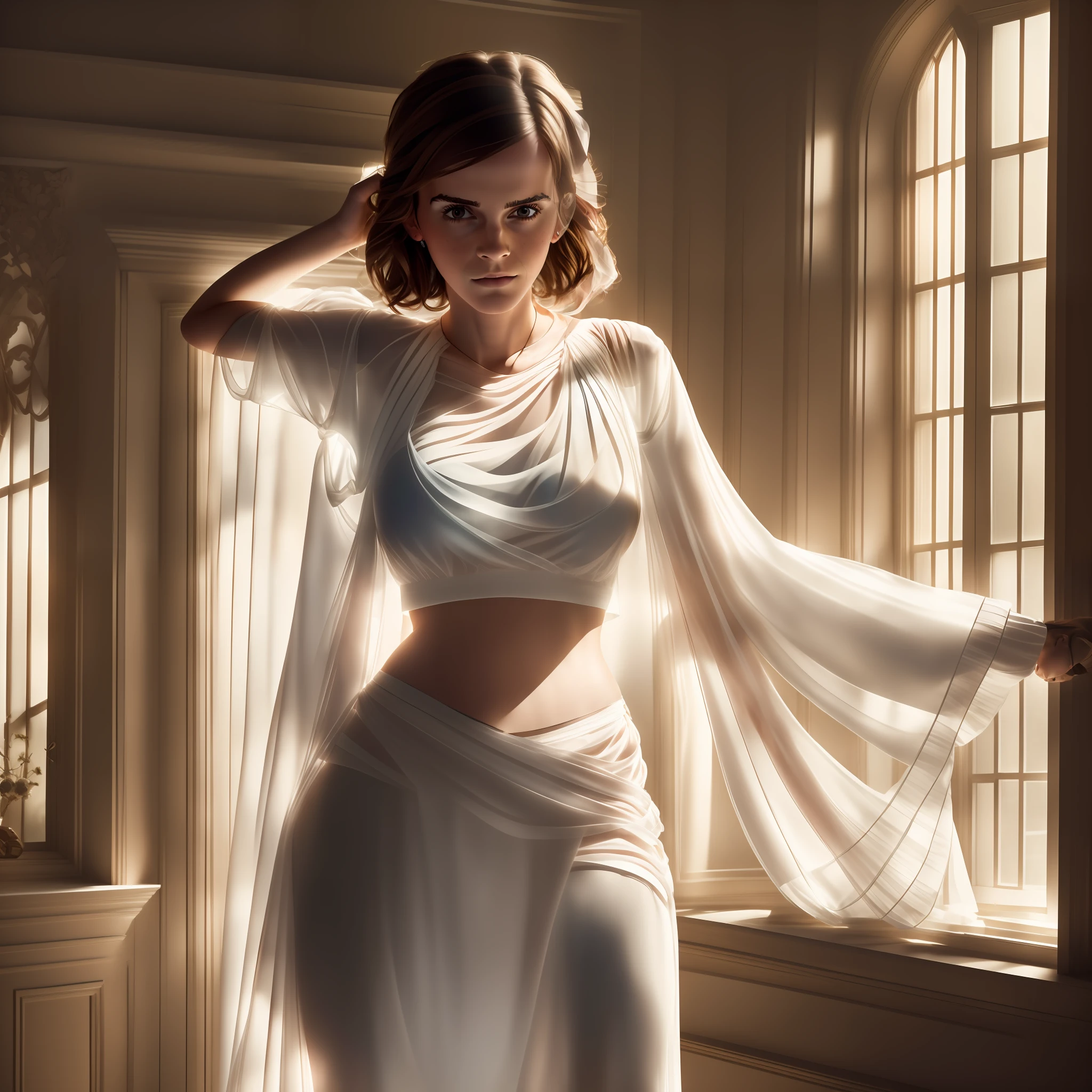 (Emma watson), the woman stands in front of a window with her legs wide open. From outside, the sun shines into the dark room. The woman wears a see-through long skirt and a see-through cropped shirt, (belly-bar), see-through, (Masterpiece:1.2) (Photorealistic:1.2) (Best Quality) (Intricate Details) (8K) (High Poly) (Raytracing), (Sharp Focus)