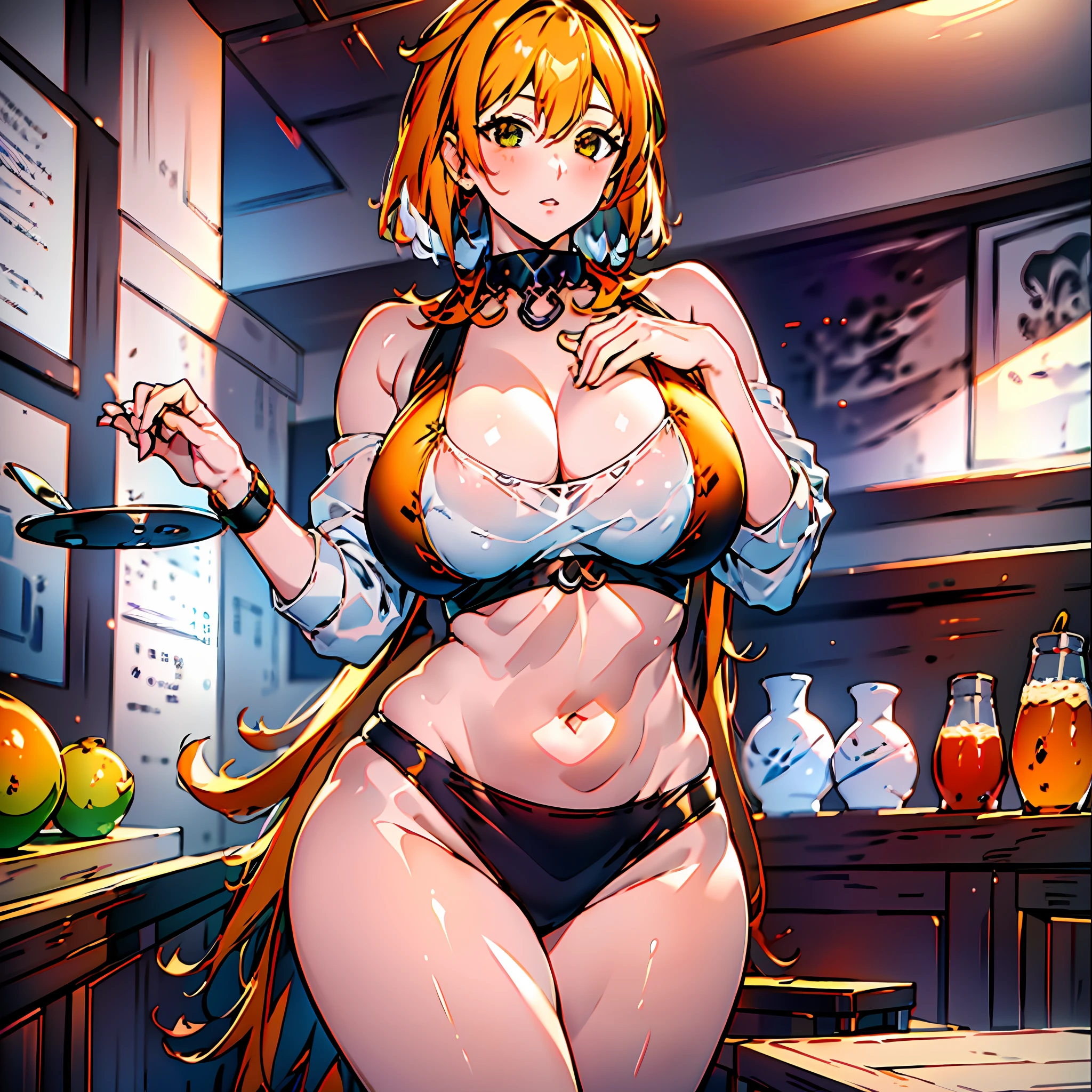 (masterpiece) best quality ultra-detailed CG NVIDIA RTX 3060 wallpaper, (1 girl) with beautiful features and a stunning orange and white hairstyle. Her thicc thighs and huge breasts peek out under her casual clothes as she enjoys coffee at the cafeteria.
