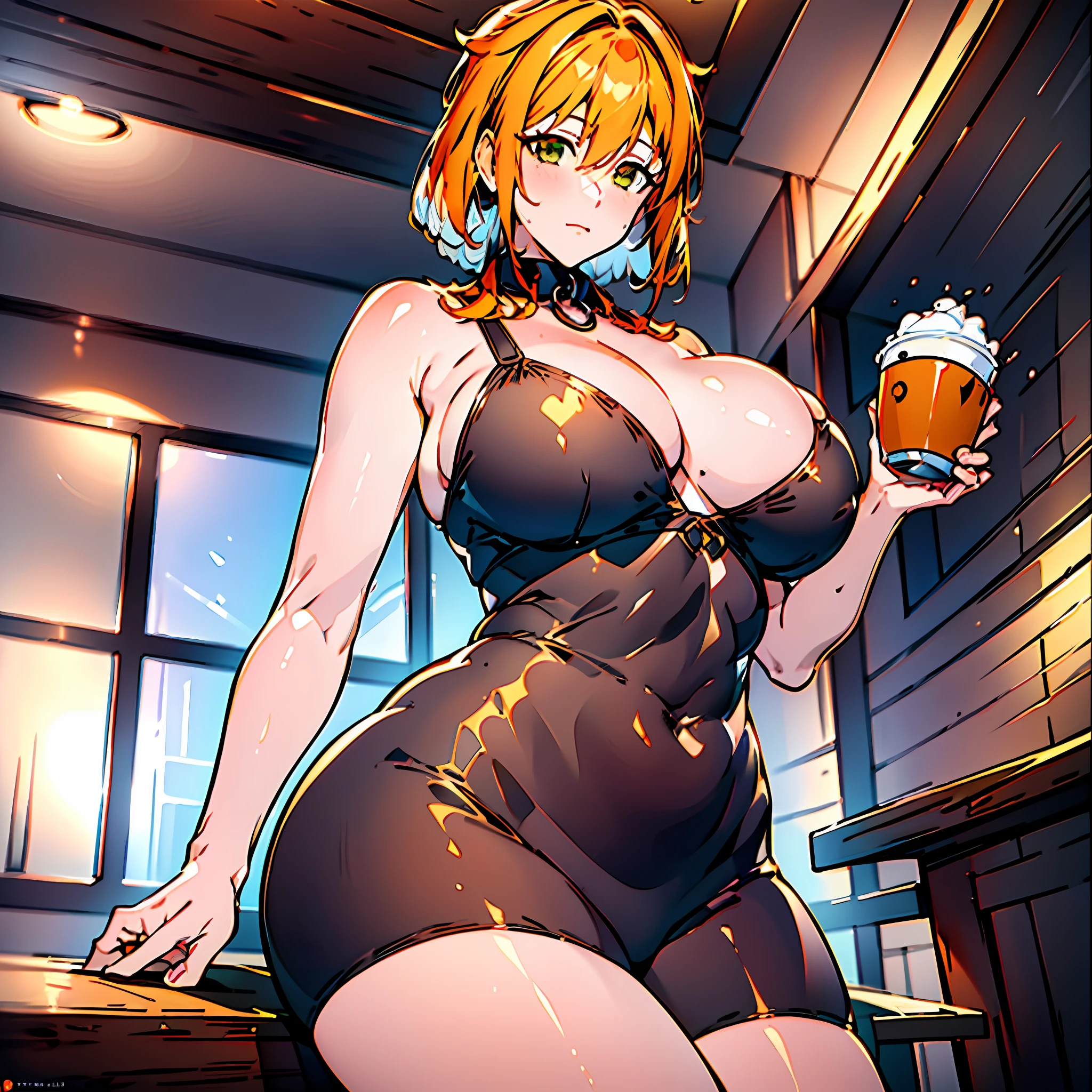 (masterpiece) best quality ultra-detailed CG NVIDIA RTX 3060 wallpaper, (1 girl) with beautiful features and a stunning orange and white hairstyle. Her thicc thighs and huge breasts peek out under her casual clothes as she enjoys coffee at the cafeteria.