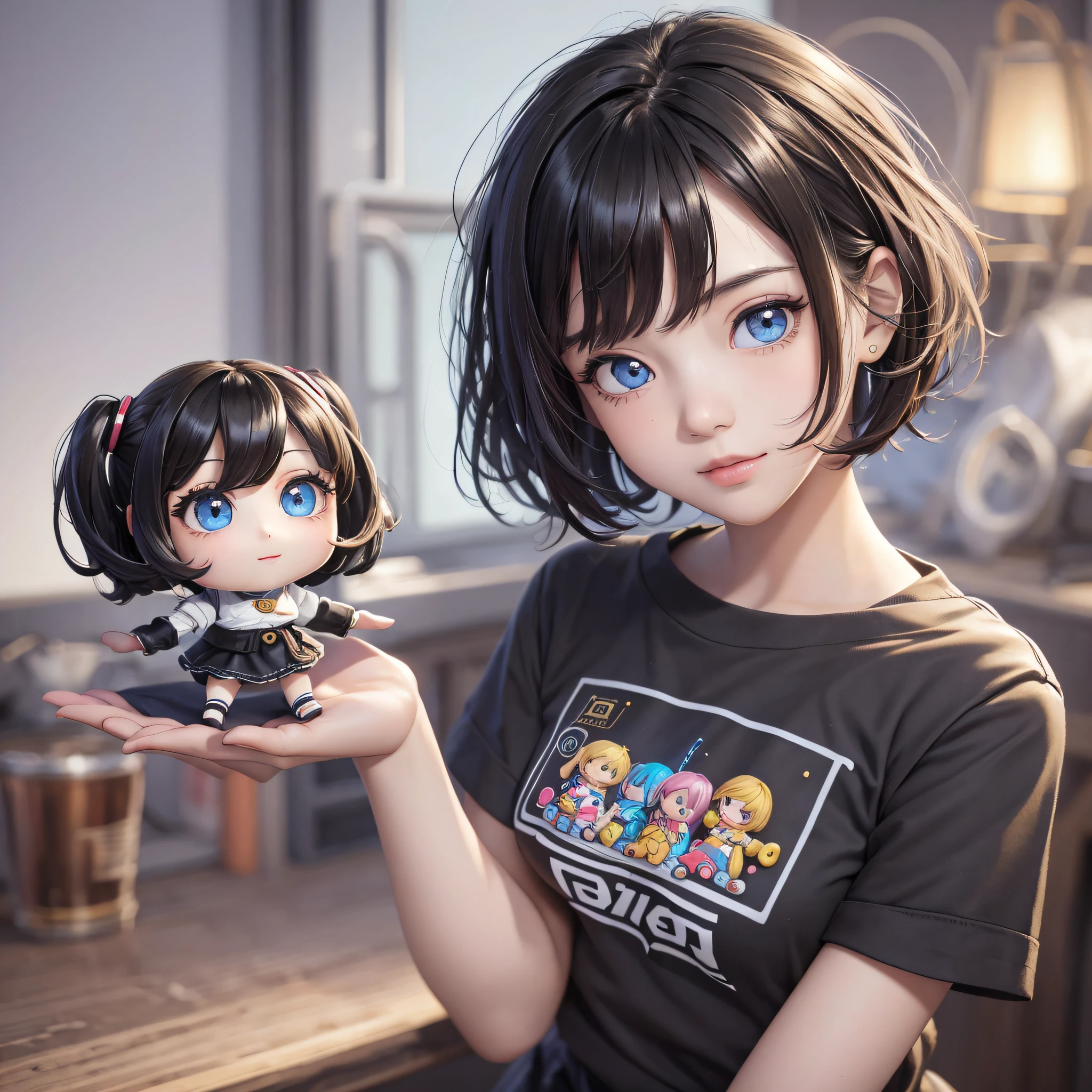 Moe girl, 3D, Q version, short black hair, girly feeling, light and shadow, female, girl, tide play blind box, Q version characters, figures, dolls, beautiful and detailed eyes: 1.2, laughter, short hair, black hair, T-shirt, black leggings, indoors, background light, natural light, cinematic lighting, best picture quality, higher quality, extreme detail, ultra-high resolution, 8k resolution, exquisite facial features, perfect face, masterpiece, chibi --auto --s2