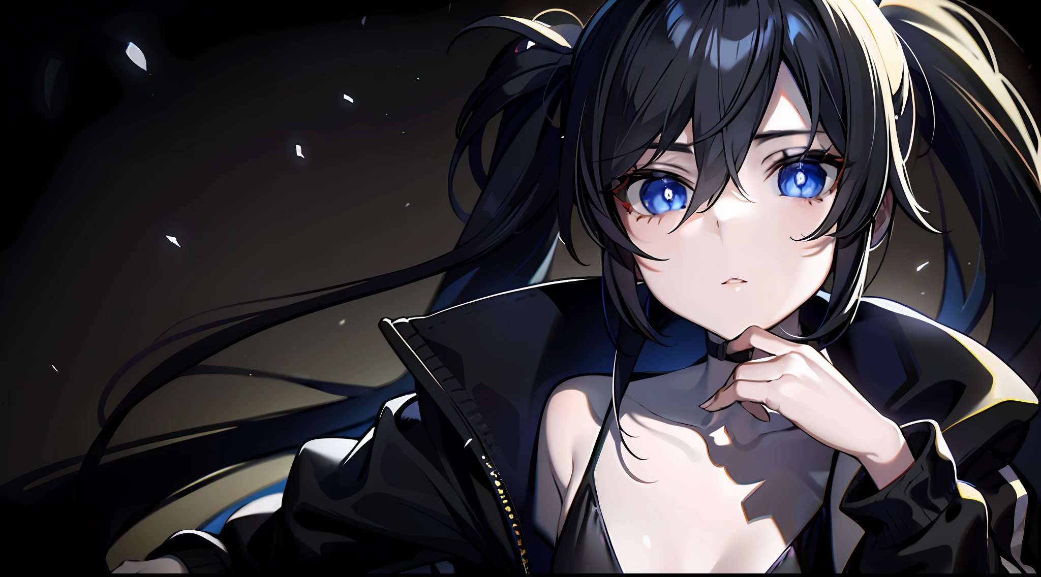 1girl, (solo:1.2), ((masterpiece)), (shadow), [slim], (small breasts), ((sharp focus)), pale skin, ((detailed eyes)), (blurry background), black rock shooter, twintails, black hair,(collarbone), open jacket, blue eyes