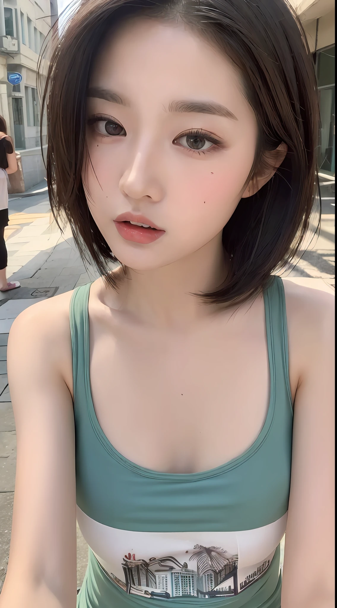 ((Best quality, 8k, Masterpiece :1.3)), Sharp focus:1.2, Perfect Body Beauty:1.4, Slim Abs:1.2, ((Layered hairstyle, Naughty expression: 1.2)), (Tank top shirt:1.1), (Street:1.2), Highly detailed face and skin texture, Fine eyes, Double eyelids