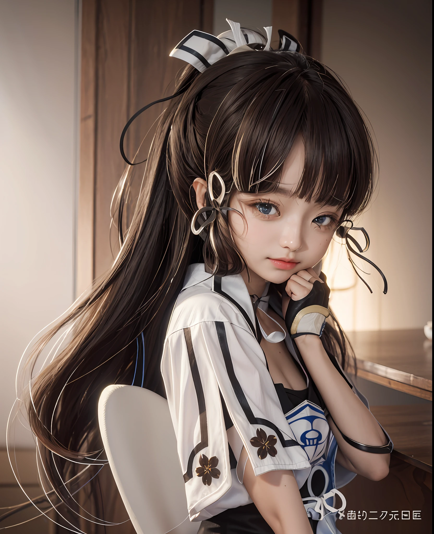 (Realistic: 1.4), (Masterpiece, Side Light, Fine Beautiful Eyes: 1.2), Masterpiece* Portrait, Realism, 3D Face, Genshin, 1 Girl, Ultra Detailed, Coffee Shop