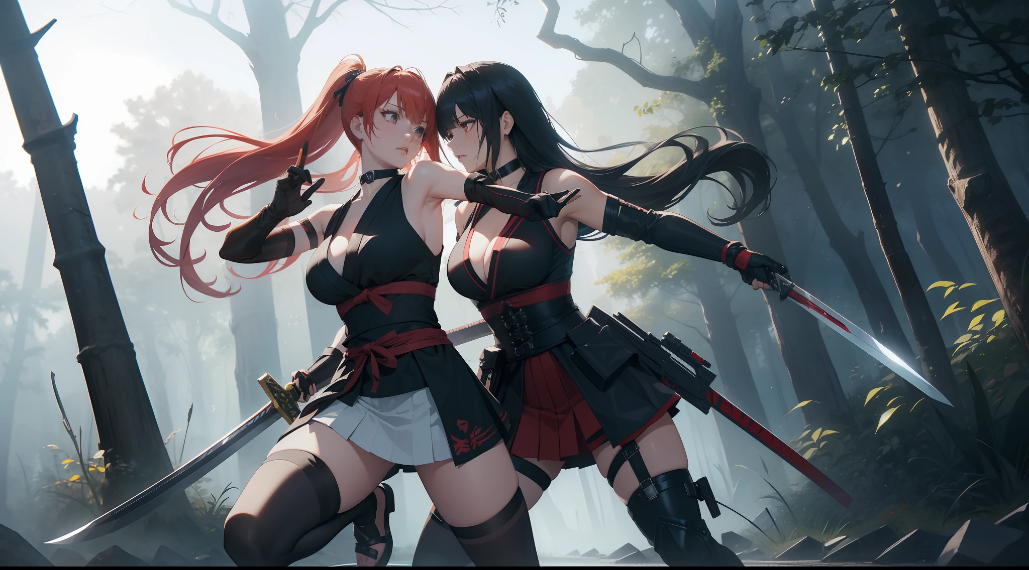 Full body shot of two female character from Dead or Alive game. Kasumi versus Ayame, fighting in a fierce duel death match, clashing with short swords. They have long loose hairstyle. They are wearing different color of sleeveless tunic with a floral print skirt, an obi tied on back hip that holds a sheath for the sword, a pair of 100% black thigh highs, black shoes, a pair of thin long black elbow gloves, hand guards, and a choker. Background set in a dark forest.