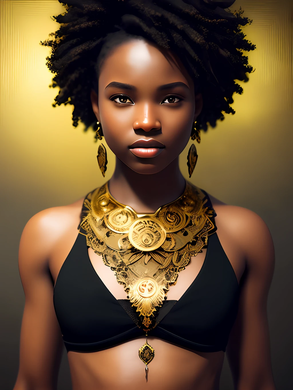(masterpiece) An insanely detailed photo of an extremely beautiful and sensual black woman made out of gold, with golden eyes, in the style of bio art, raw metallicity, black and white mastery, golden African influence, pure color, close-up, woman, stock photo, masterpiece, best quality, high quality, extremely detailed cg unity wallpaper 8k, scenery, award winning photography, hdr, trending artstation, trending cgsociety, intricate, high detail, cinematic lighting, beautiful woman, humanoid