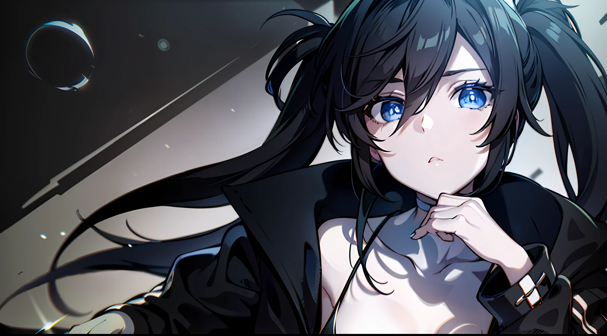 1girl, (solo:1.2), ((masterpiece)), (shadow), [slim], (small breasts), ((sharp focus)), pale skin, ((detailed eyes)), (blurry background), black rock shooter, twintails, black hair,(collarbone), open jacket, blue eyes