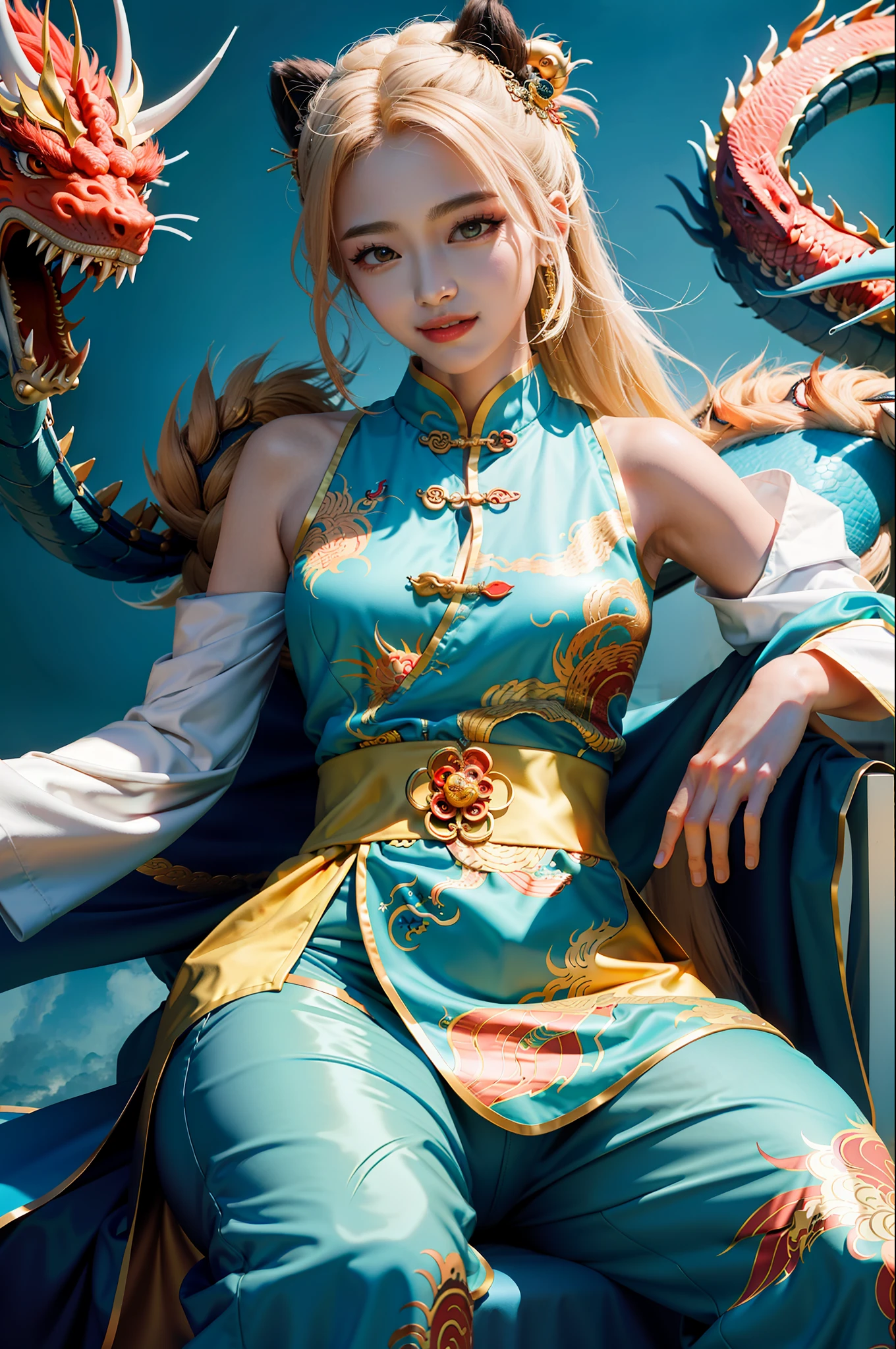 masterpiece, best quality, making friends with the Chinese dragon, fun, happy, bright, loong,