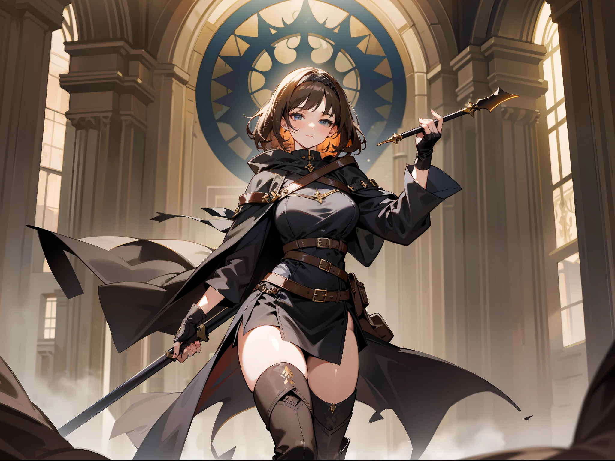 masterpiece, best quality, a mature woman, dark brown hair, light eyes, ladina, black clothing, black hood, leather armbands, belt, skirt, thigh-high height boots, costume, medieval, night, dynamic pose, beautiful detailed glow.