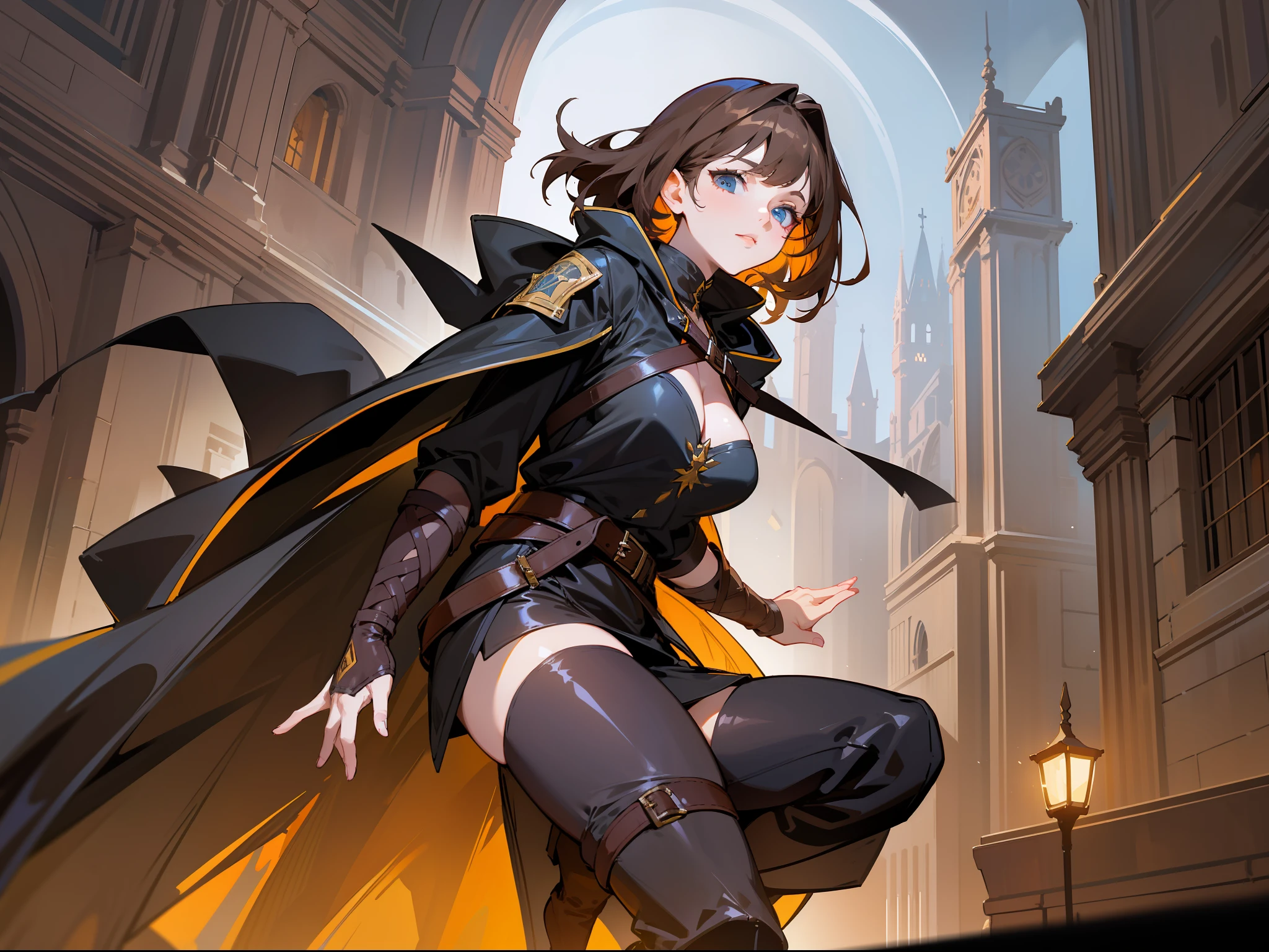 masterpiece, best quality, a mature woman, dark brown hair, light eyes, ladina, black clothing, black hood, leather armbands, belt, skirt, thigh-high height boots, costume, medieval, night, dynamic pose, beautiful detailed glow.