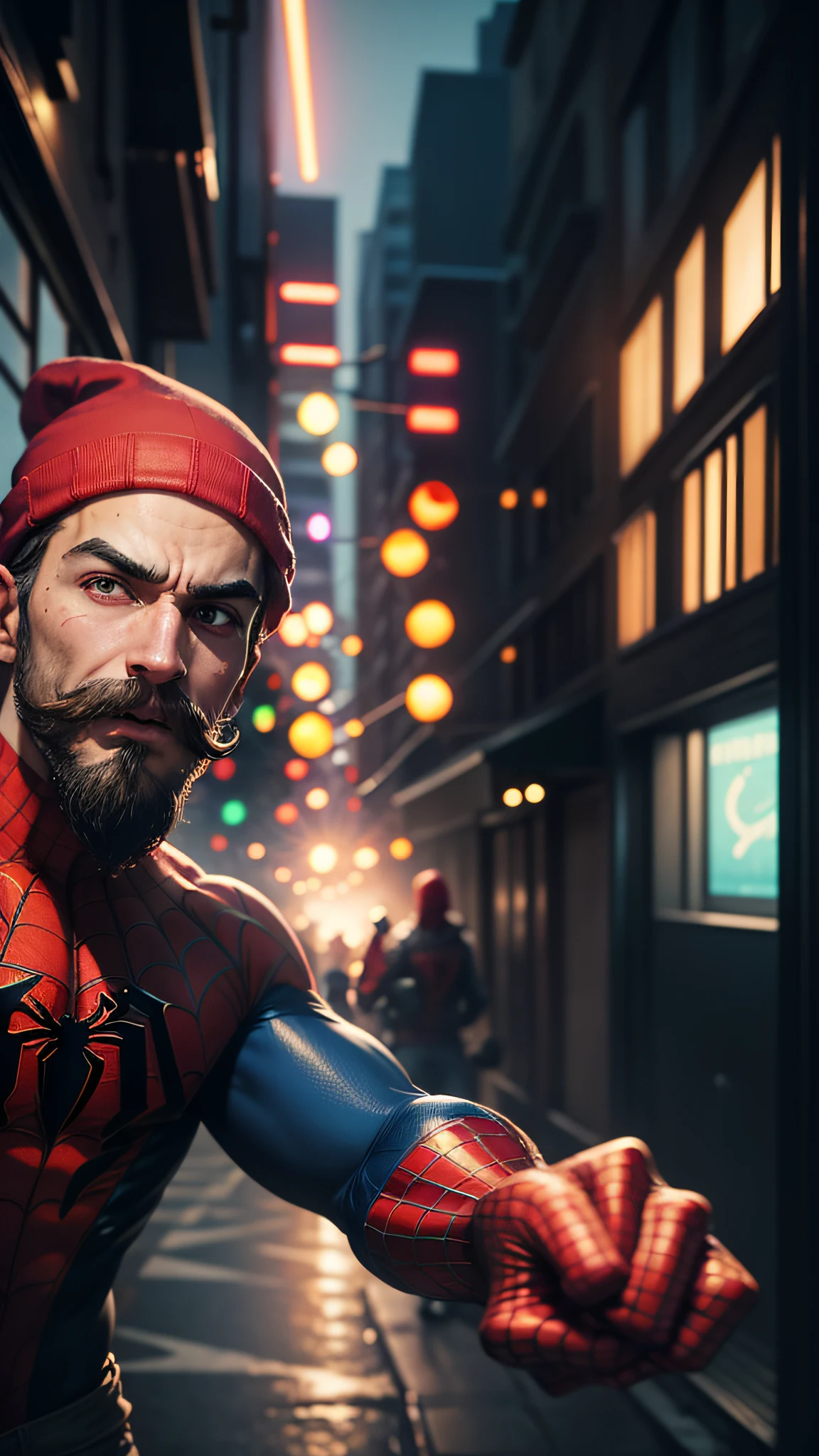 guy wearing spiderman costume, light moustache, light beard on chin, wearing beanie, pointing fingers, shocked --auto --s2