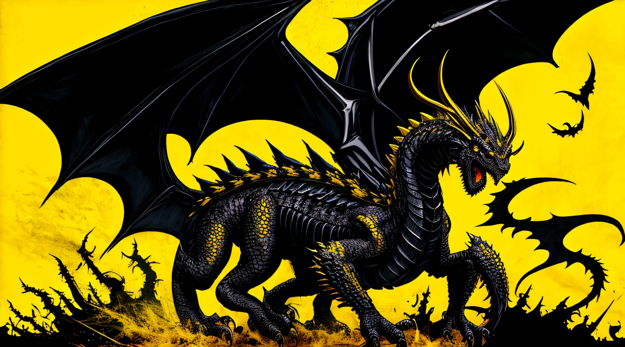 yellow and black, a medieval black dragon, in the style of Mork Borg, strong contrast, grunge dirty punk splash art, black metal zine