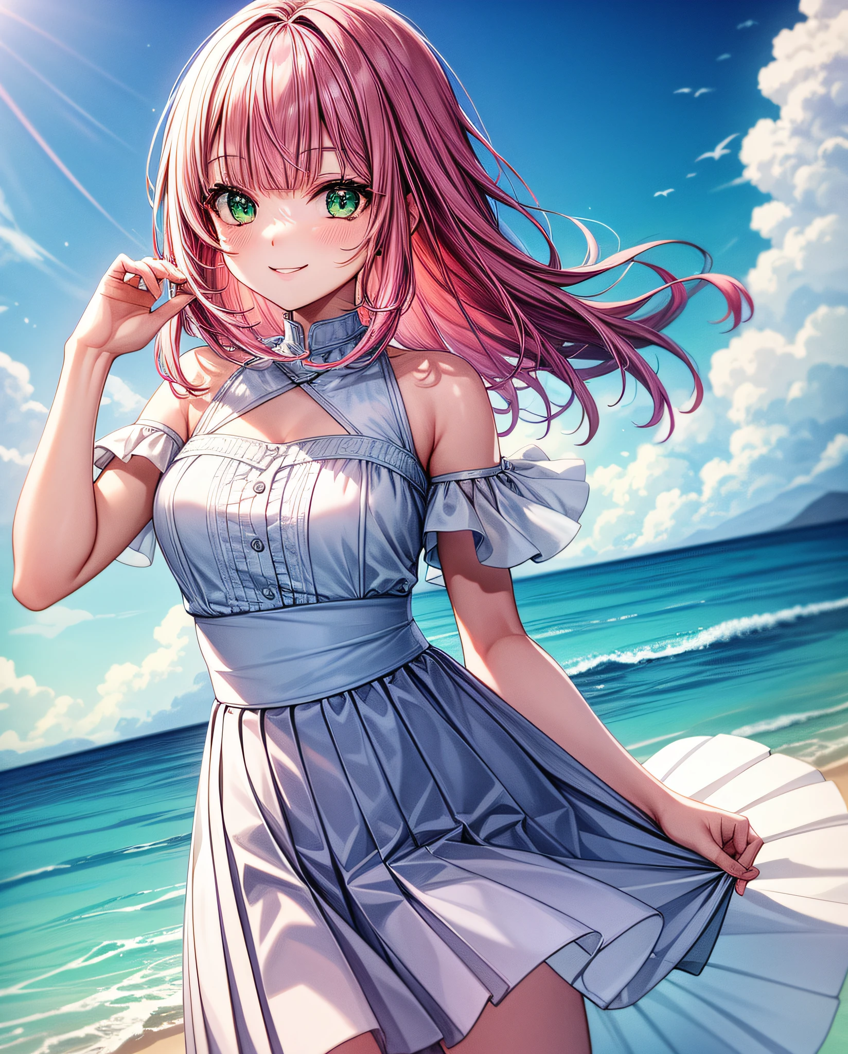 ((Best Quality, Masterpiece)), White Pleated Skirt, Sea, Blue Sky, Pink Hair, Medium Hair, Green Eyes, Alone, Smile, Diagonal Bangs