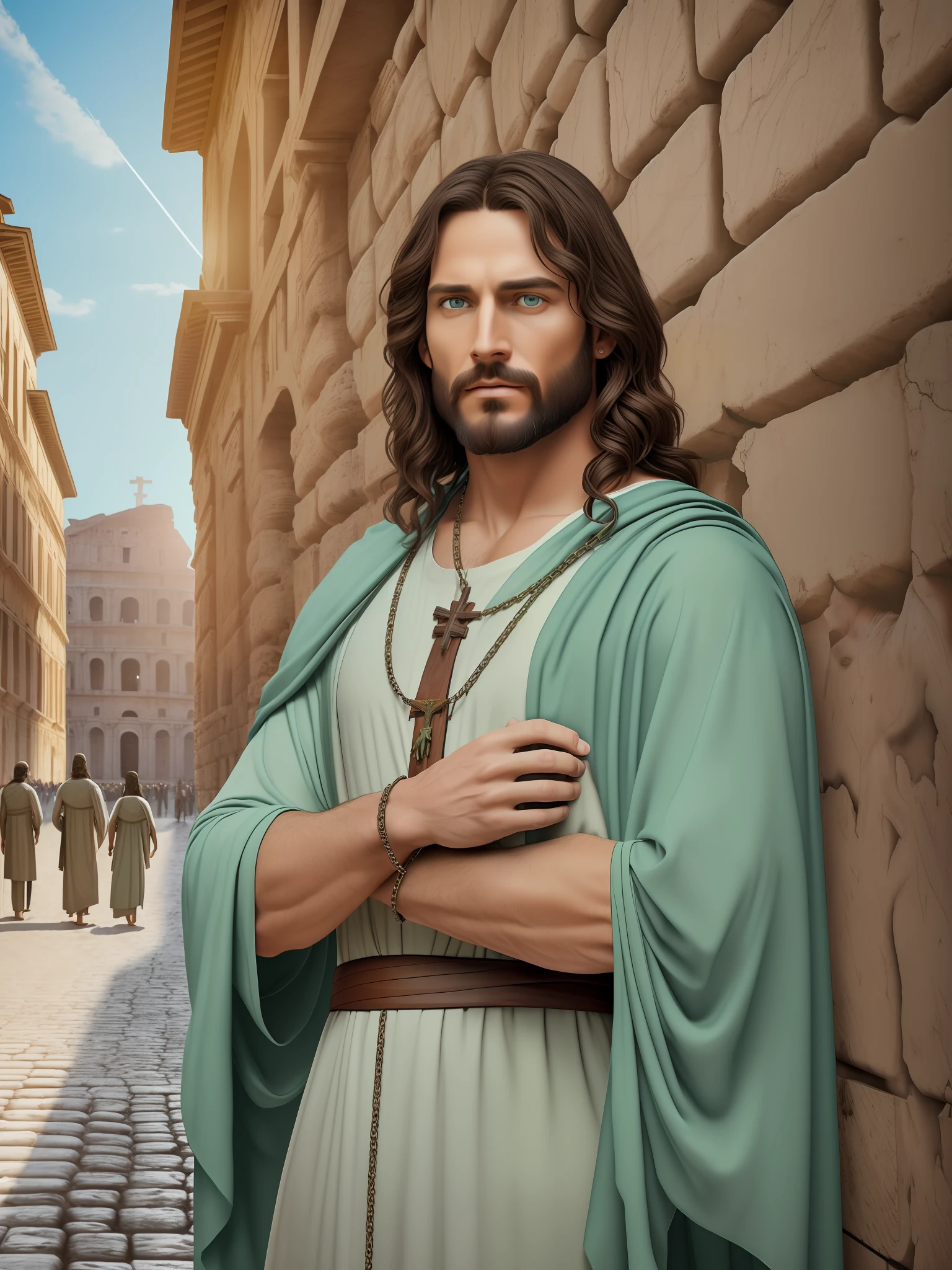 add_detail:1, realistic image of Jesus, (((man))), (man with dark brown hair and light green eyes), wearing a simple and long tunic in light blue color, position (centered), (pose facing the image), wall of Rome in the background, Rome as background, add_detail: crucifix chain on the chest, simple tunic covering all the skin from the neck down